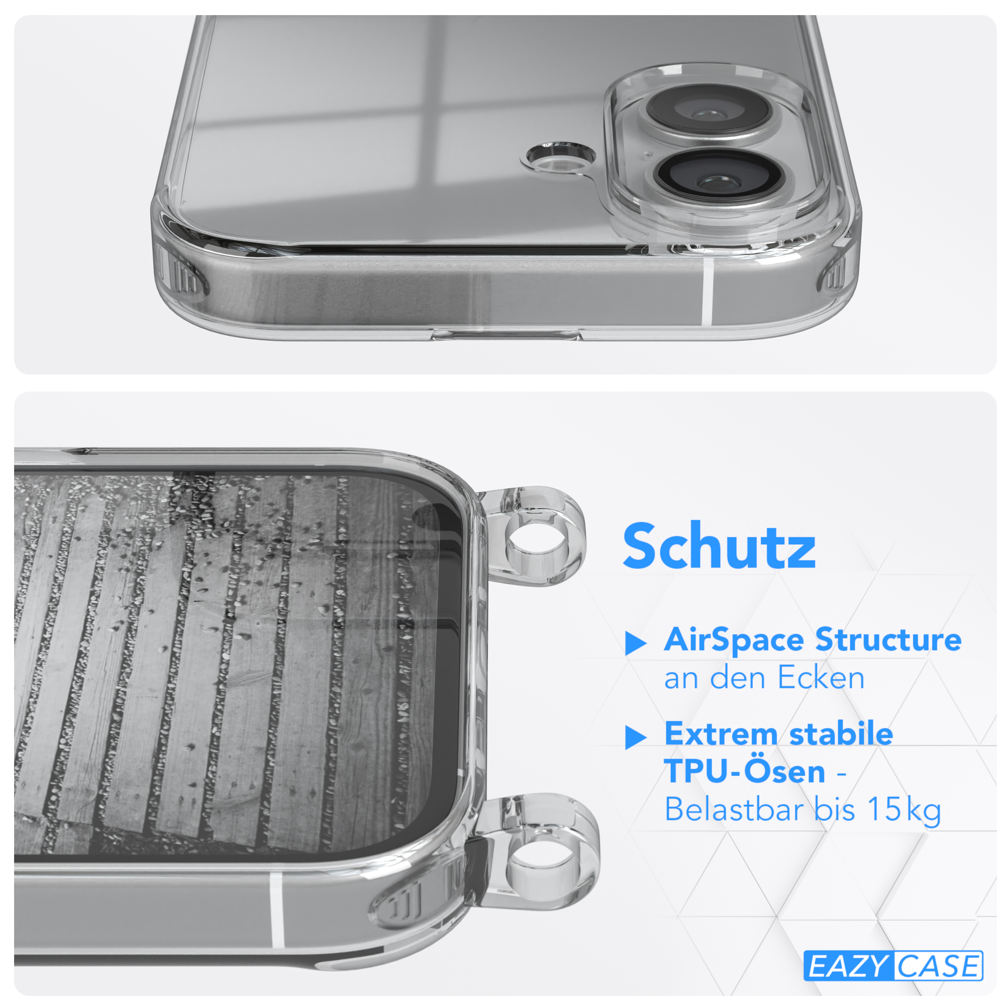 Transparente Handyhülle mit Text über AirSpace-Struktur und stabile TPU-Ösen.