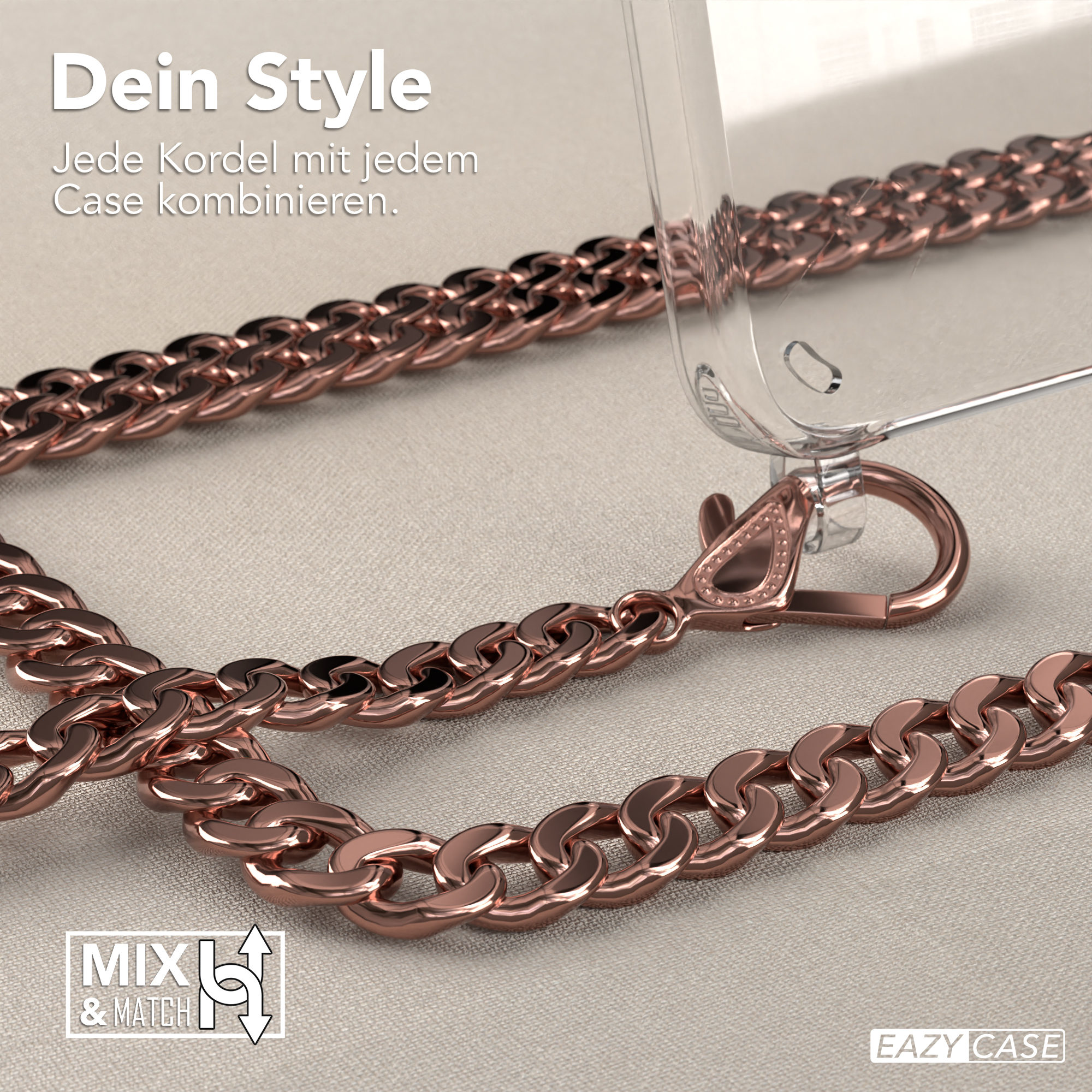 Roségoldene Handykette mit klarer Handyhülle. Text: 'Jede Kordel mit jedem Case kombinieren'.