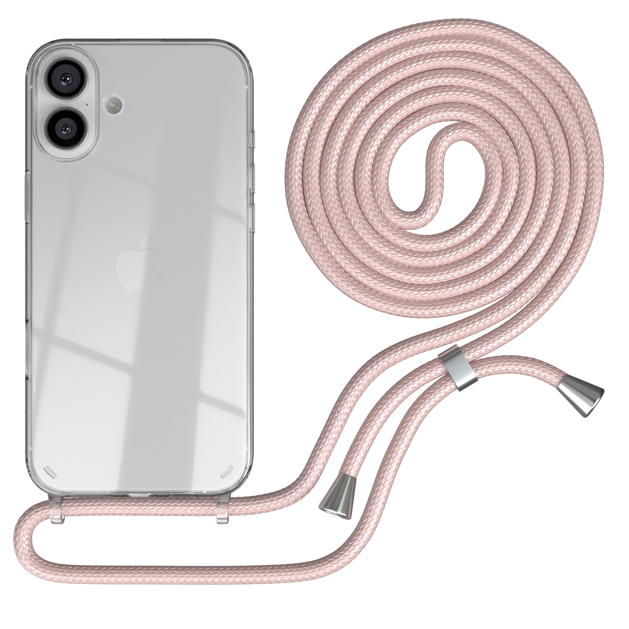 Transparente Handyhülle mit rosa Kordel. Telefon ist silber, mit zwei Kameras, weißer Hintergrund.