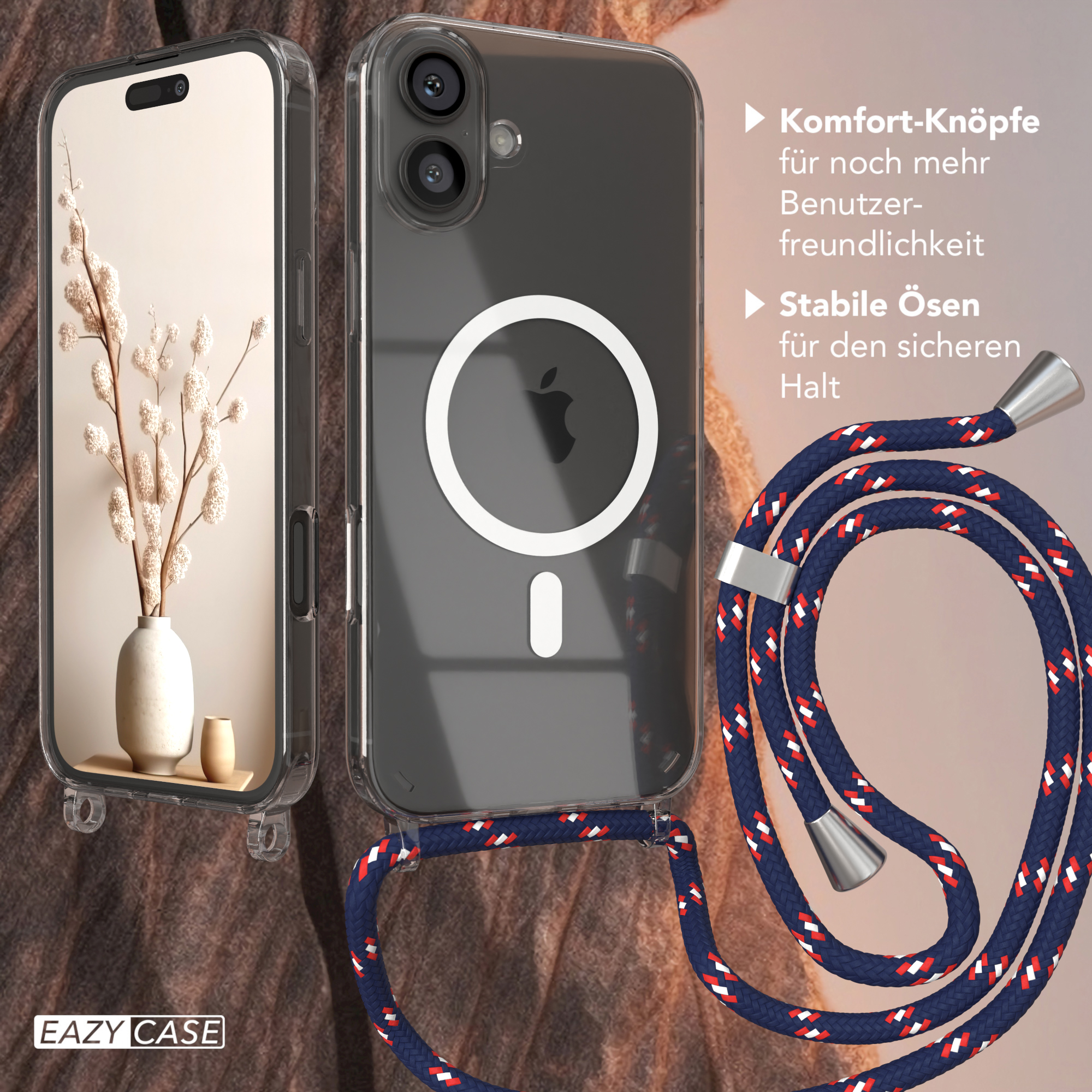 Transparente Handyhülle mit blau-rotem Riemen. Die Hülle umgibt ein Telefon mit einem weißen Kreis auf der Rückseite.