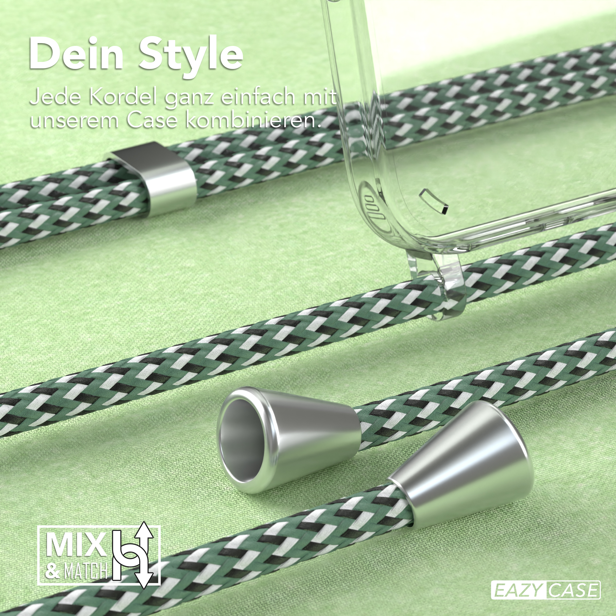 Transparente Handyhülle mit grün-weißem Band. Das Band hat silberne Metallteile. EAZY CASE-Logo.