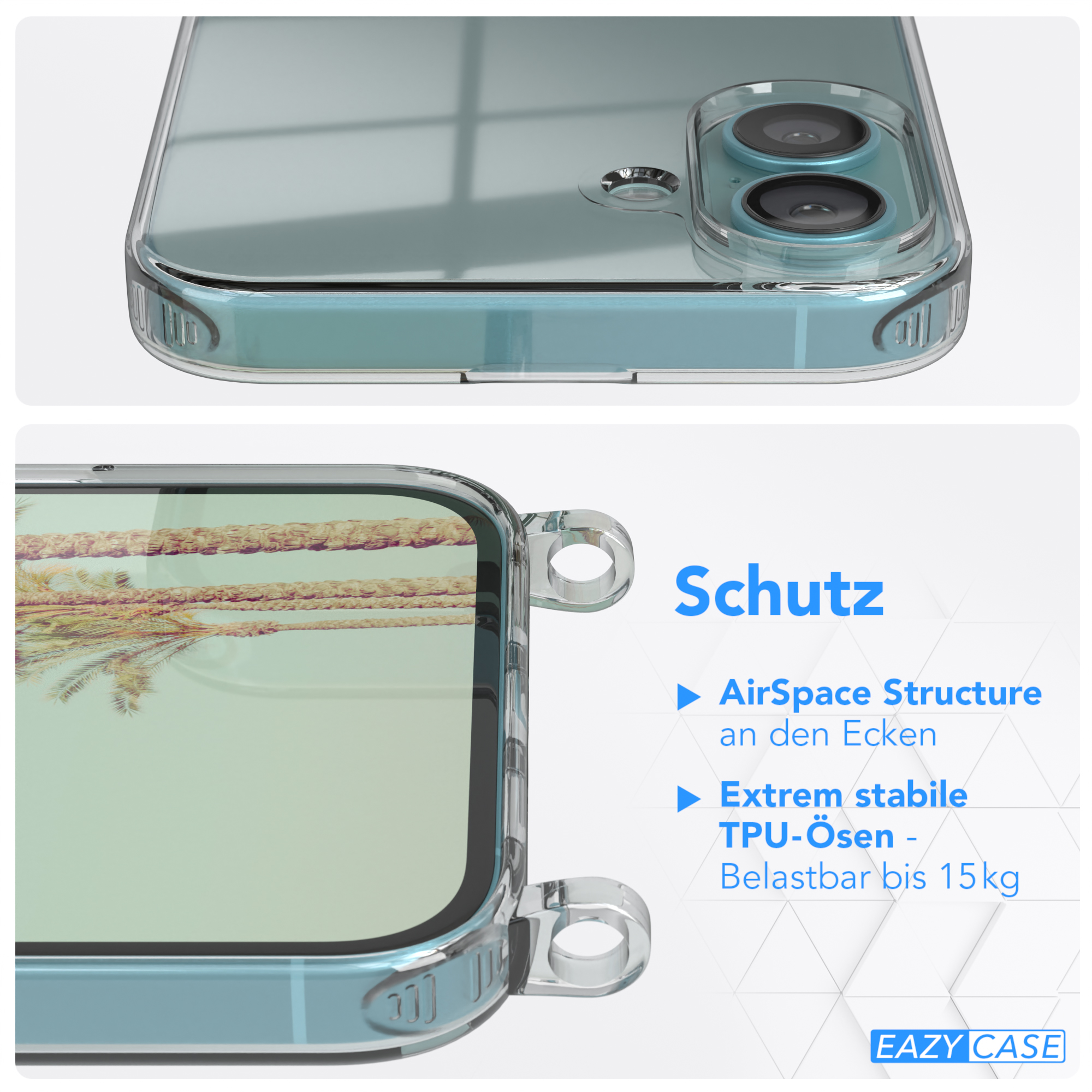 Transparente Handyhülle mit Schutzfunktionen. Blaue Handyhülle mit Nahaufnahme.