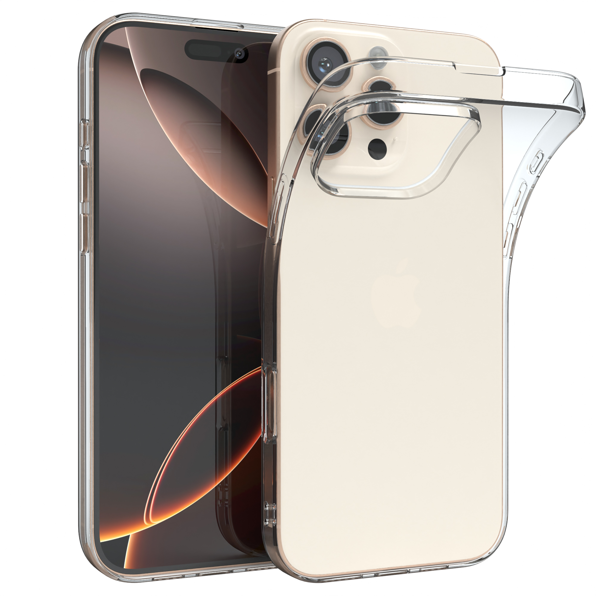 Zwei Telefone mit Hüllen, eines goldfarben, eines transparent, beide mit Apple-Logo.