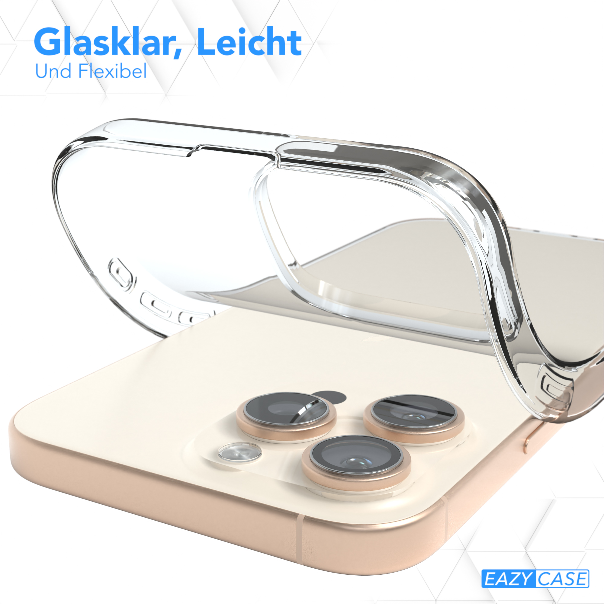 Eine Handyhülle wird gezeigt, mit dem Telefon darin. Sie hat klare Seiten und eine goldene Rückseite.