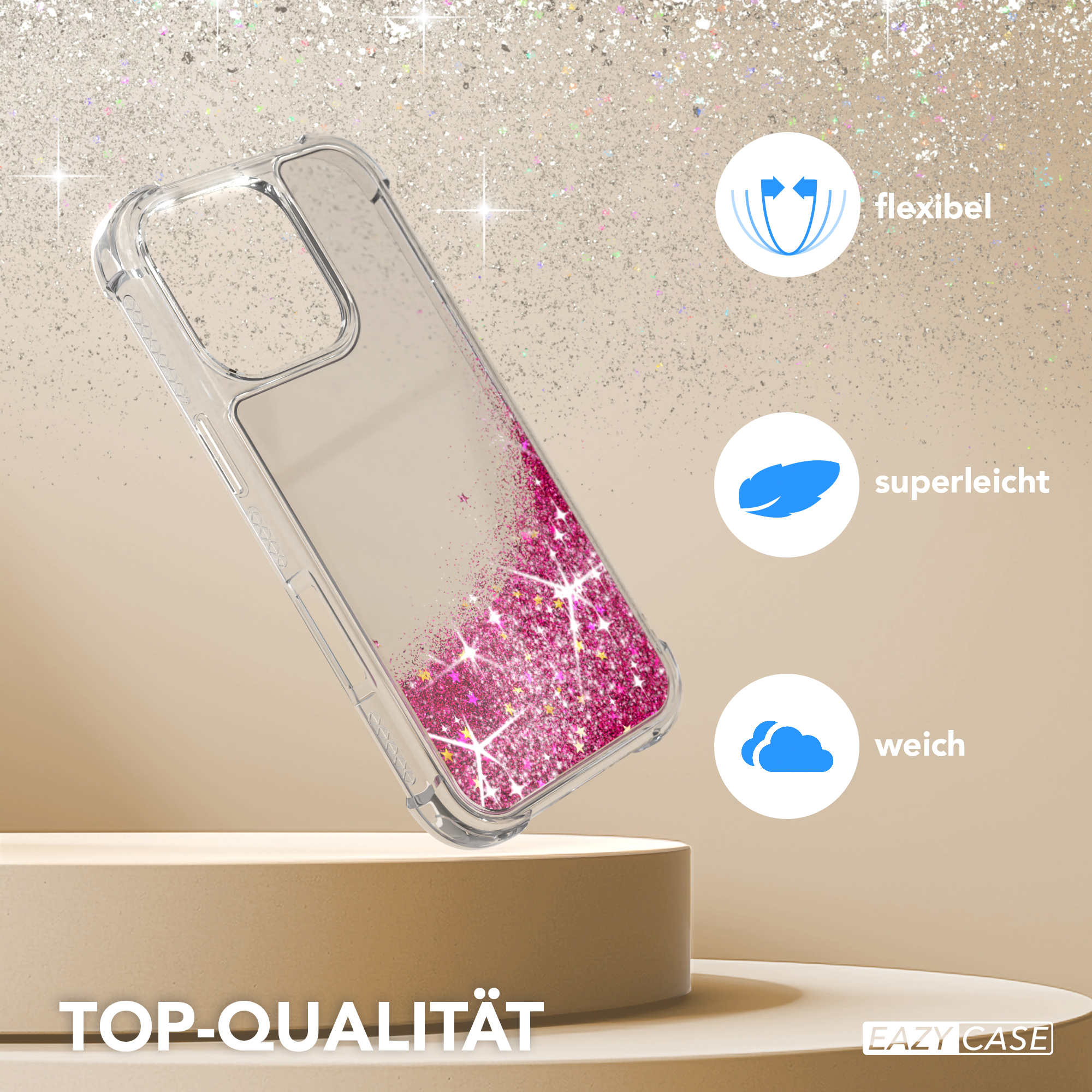 Eine transparente Handyhülle mit rosa Glitzer im Inneren, auf einem Podest.