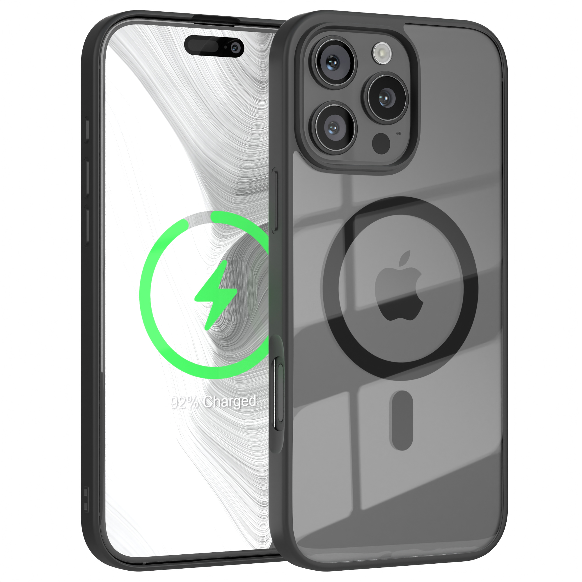 Schwarze Handyhülle mit Ladekreis und Apple-Logo. Telefon sichtbar.