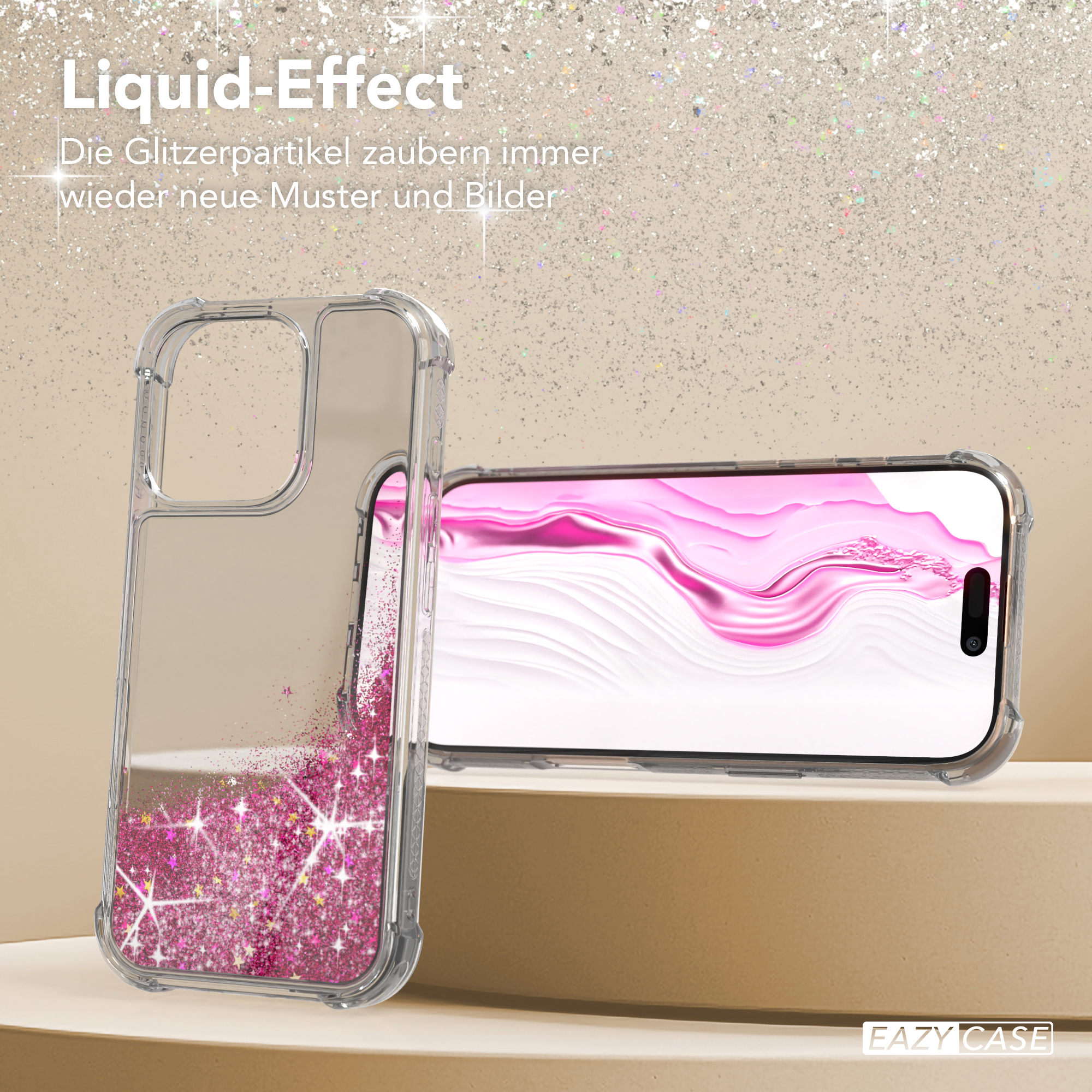 Eine transparente Handyhülle mit rosa Glitzer und ein Telefon auf hellem Hintergrund.