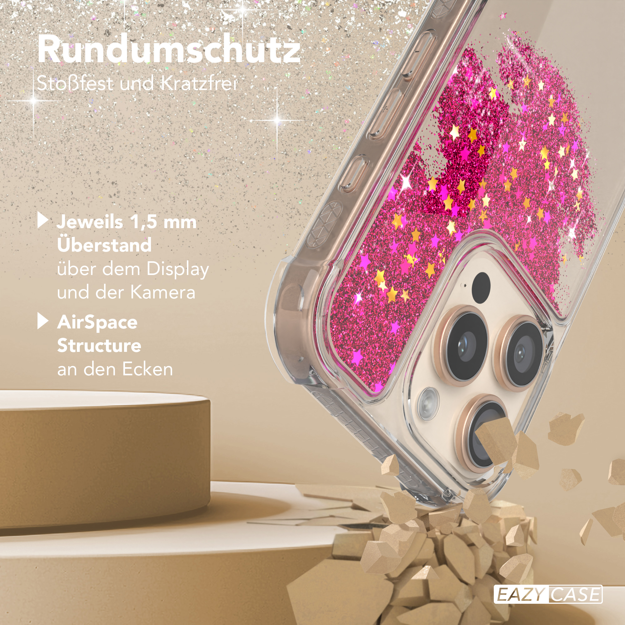Handyhülle mit pinkem Glitzer, Text über Schutz, mit zerbrochener Oberfläche.