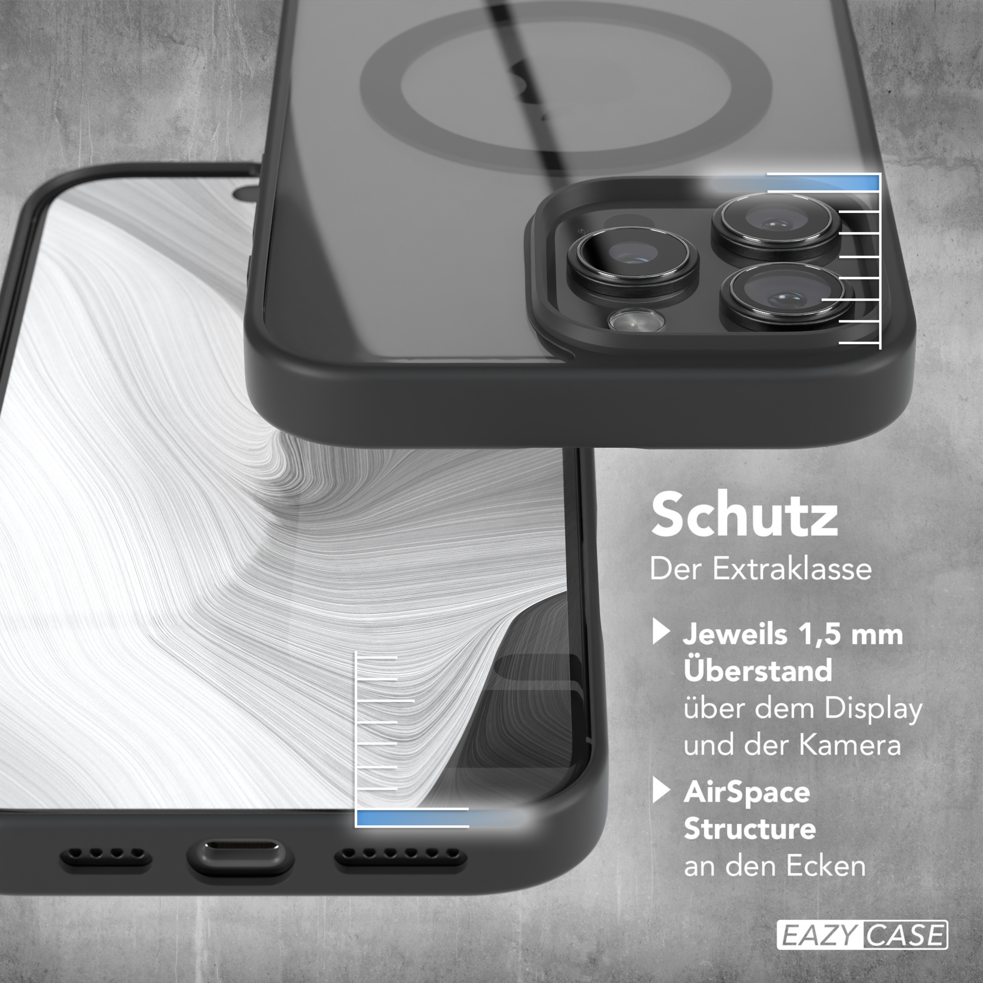 Nahaufnahme von Telefonhülle und Telefon. Hülle schwarz, Bildschirm sichtbar.