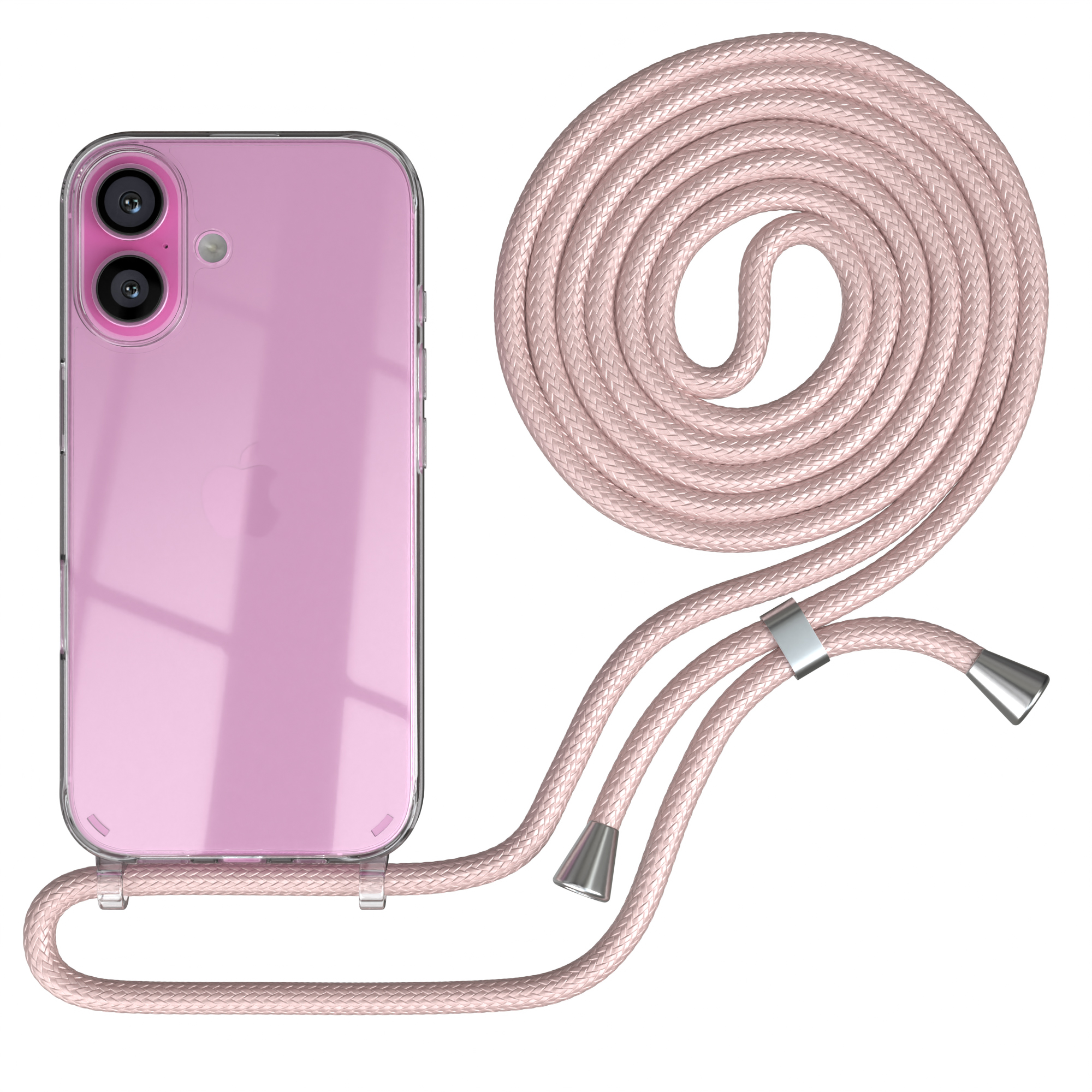 Rosafarbene Handyhülle mit rosa Seilband. Telefon links, Band rechts aufgerollt.