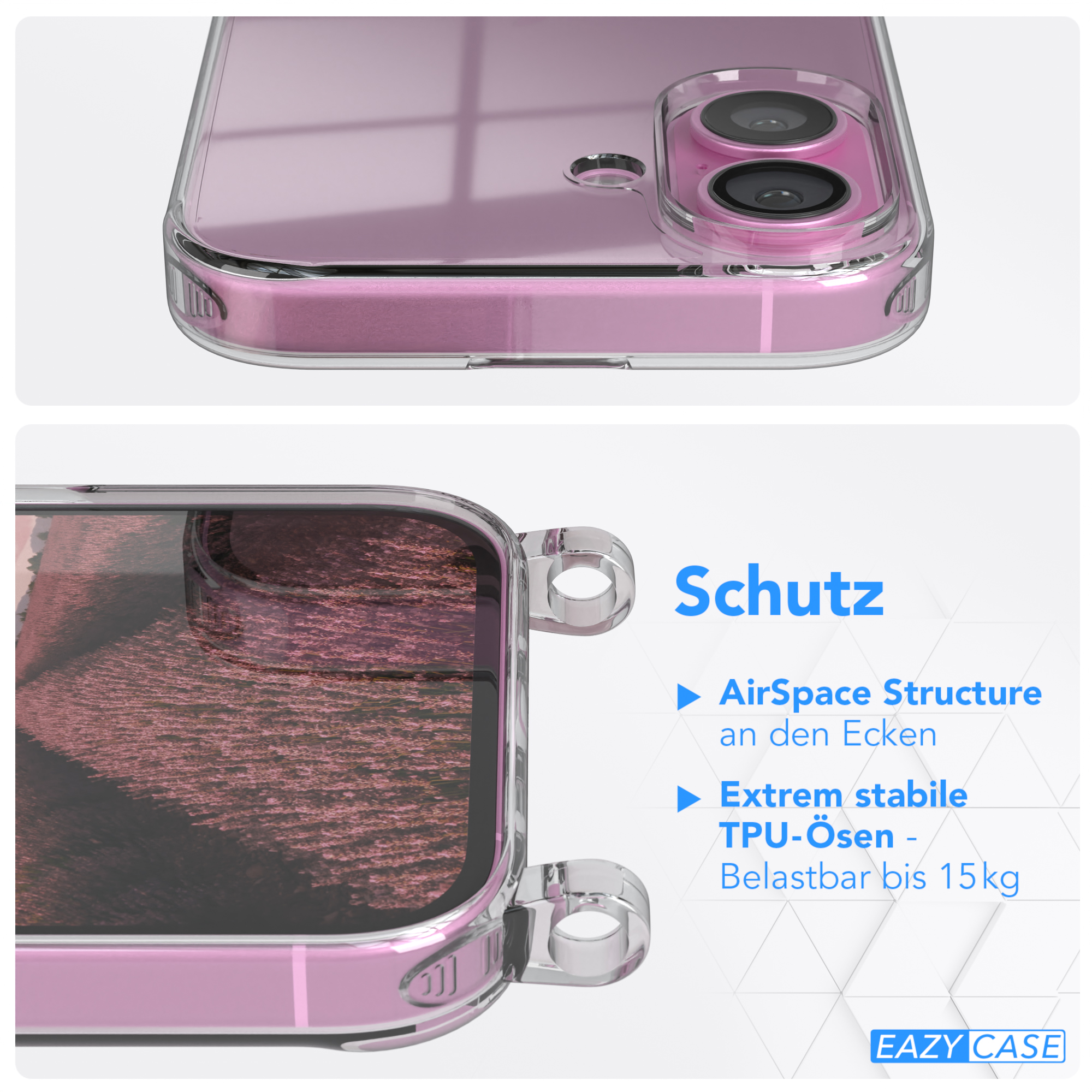 Eine rosa Handyhülle mit transparenter Hülle und dunklem Muster innen.