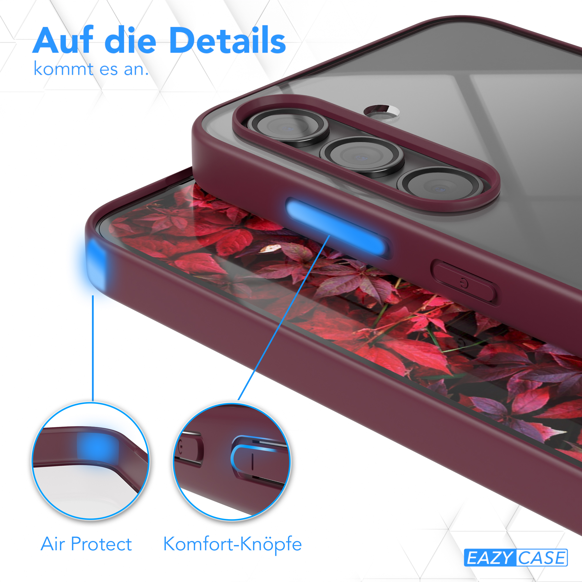 Nahaufnahme einer Handyhülle mit Telefon. Rotes Gehäuse, schwarze Kamera. Text 'Air Protect' und 'Comfort-Knöpfe'.