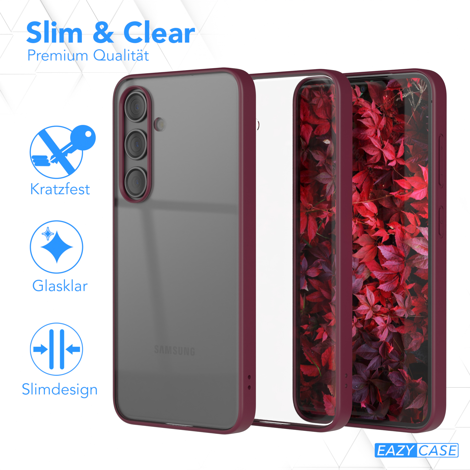 Transparente Handyhülle mit rotem Rahmen. Das Telefon befindet sich in der Hülle.