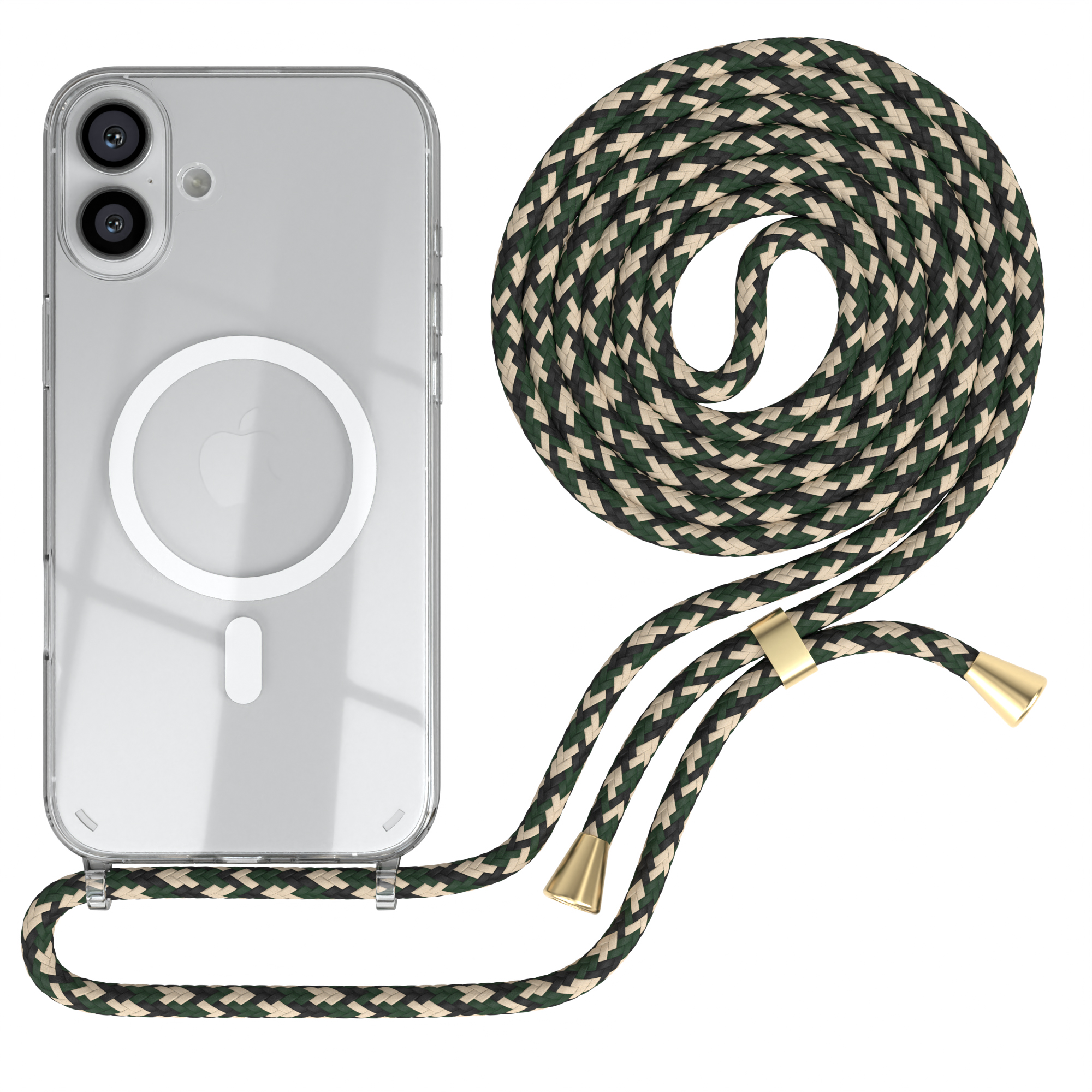 Telefon mit Hülle und Seilband. Band ist grün, schwarz und beige.