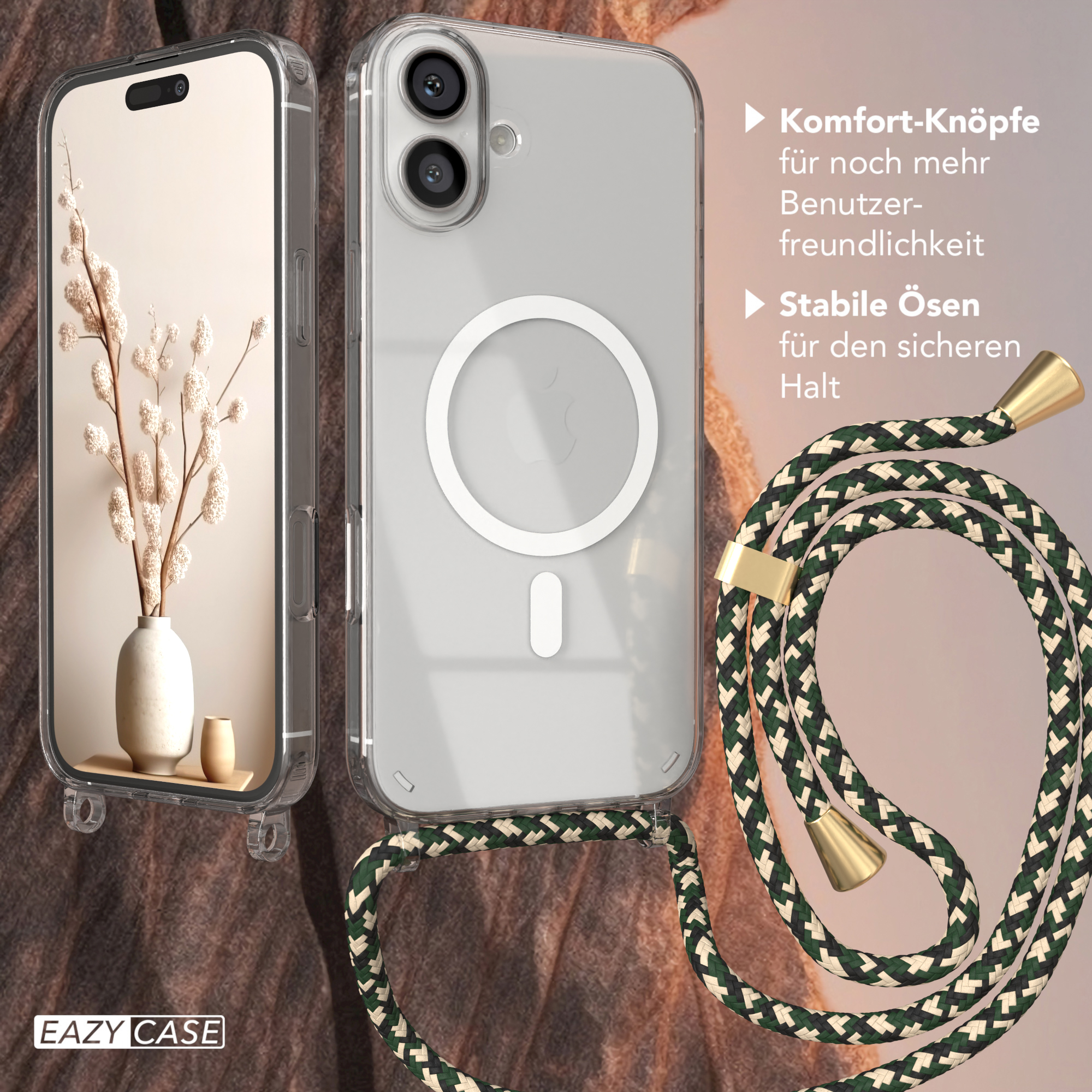 Telefon und Hülle mit Schlüsselband, mit Text über Funktionen.