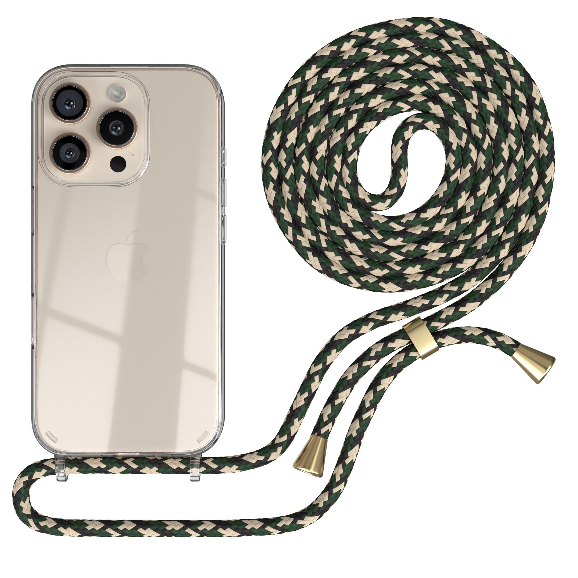 Transparente Handyhülle mit grün-weißem Kabel. Das Kabel ist aufgerollt. Das Telefon zeigt das Apple-Logo.