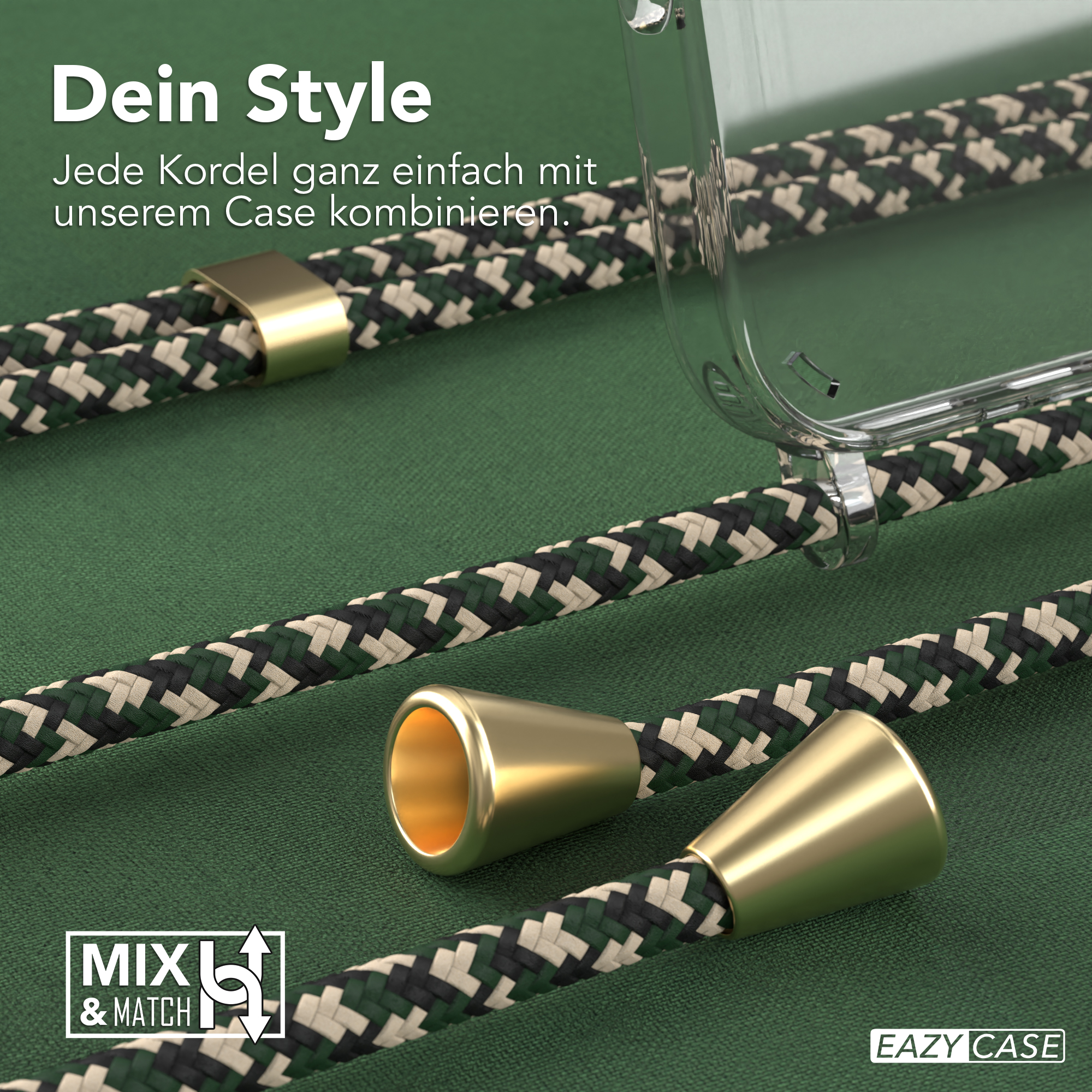 Geflochtene Kordel-Handyhülle mit goldenen Akzenten. Grüner Stoffhintergrund.