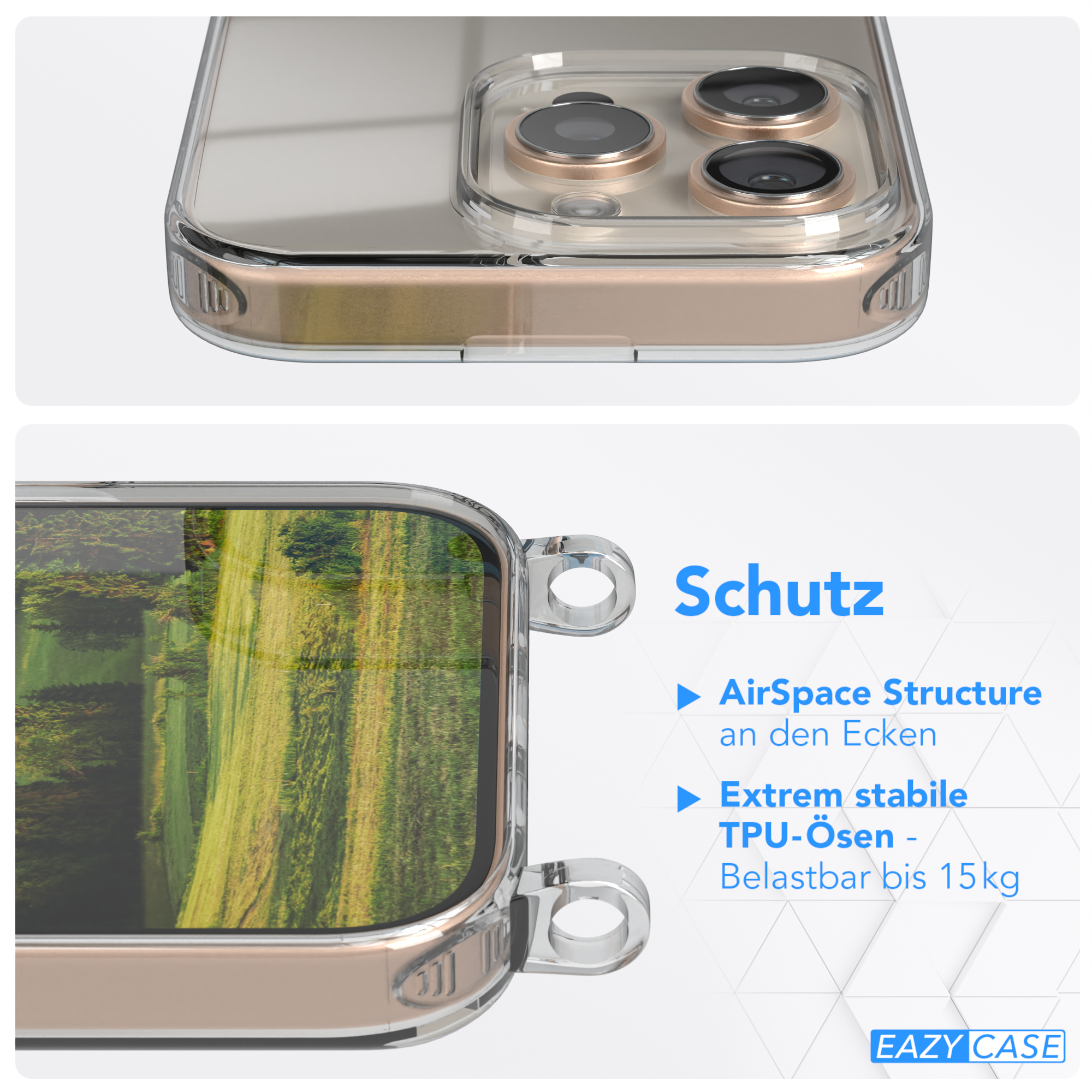 Transparente Handyhülle, zwei Ansichten, Landschaftsbild durch die Hülle.