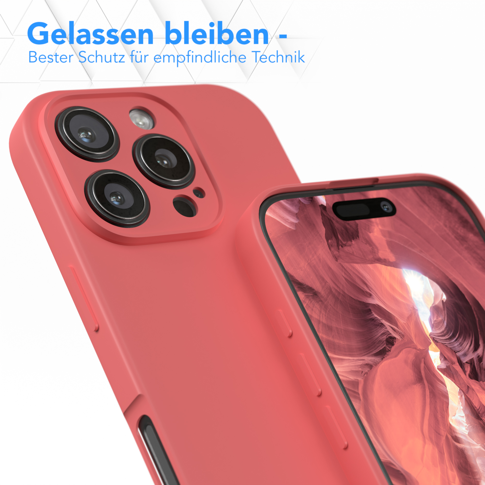 Eine korallenfarbene Handyhülle mit einem Telefon darin, Nahaufnahme des Kamerabereichs.