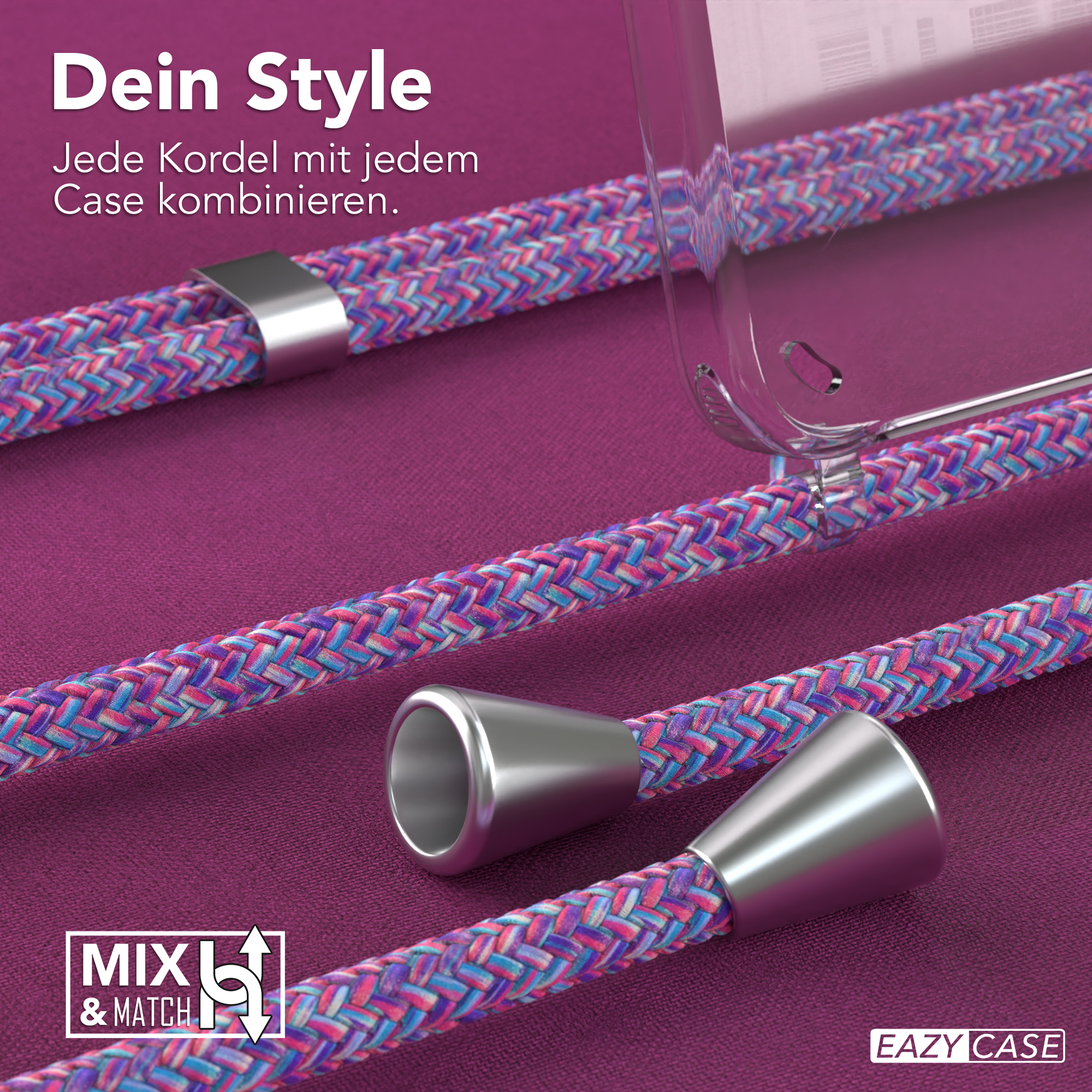 Nahaufnahme von bunten Kordeln mit Metallbeschlägen und klarer Handyhülle.