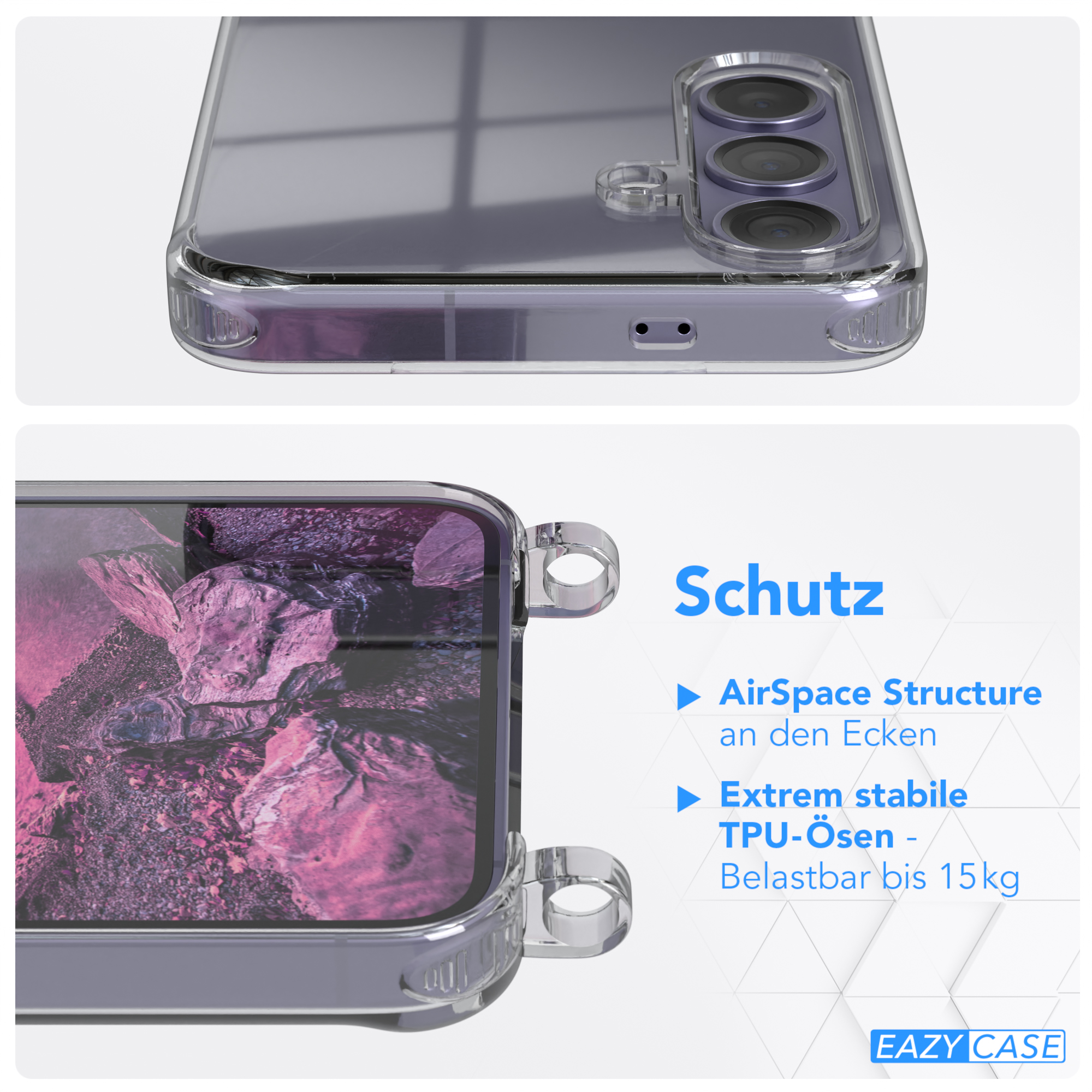 Transparente Handyhülle, die ihr Design mit einer Nahaufnahme von Unterseite und Ecken zeigt.