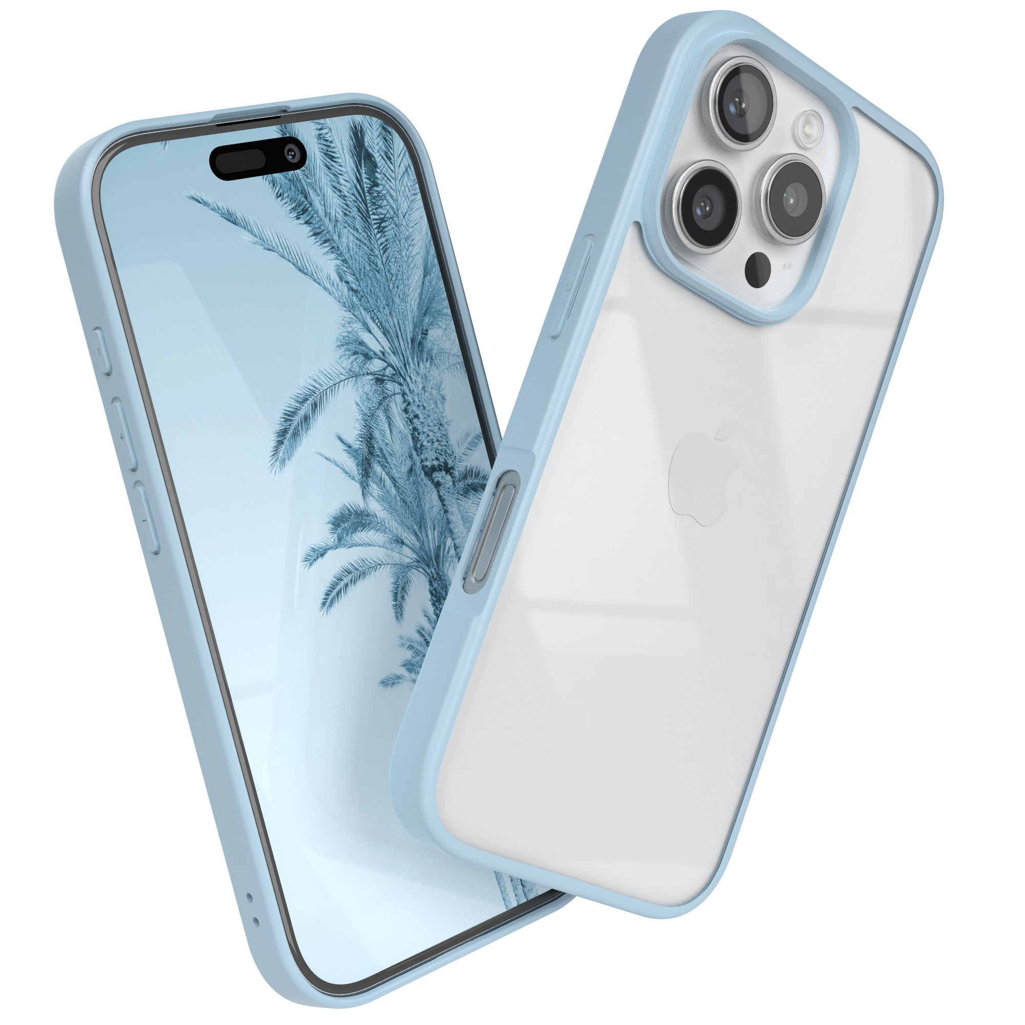 Telefon mit blauer Hülle, mit weißer Rückseite. Das Telefon befindet sich auf weißem Hintergrund.