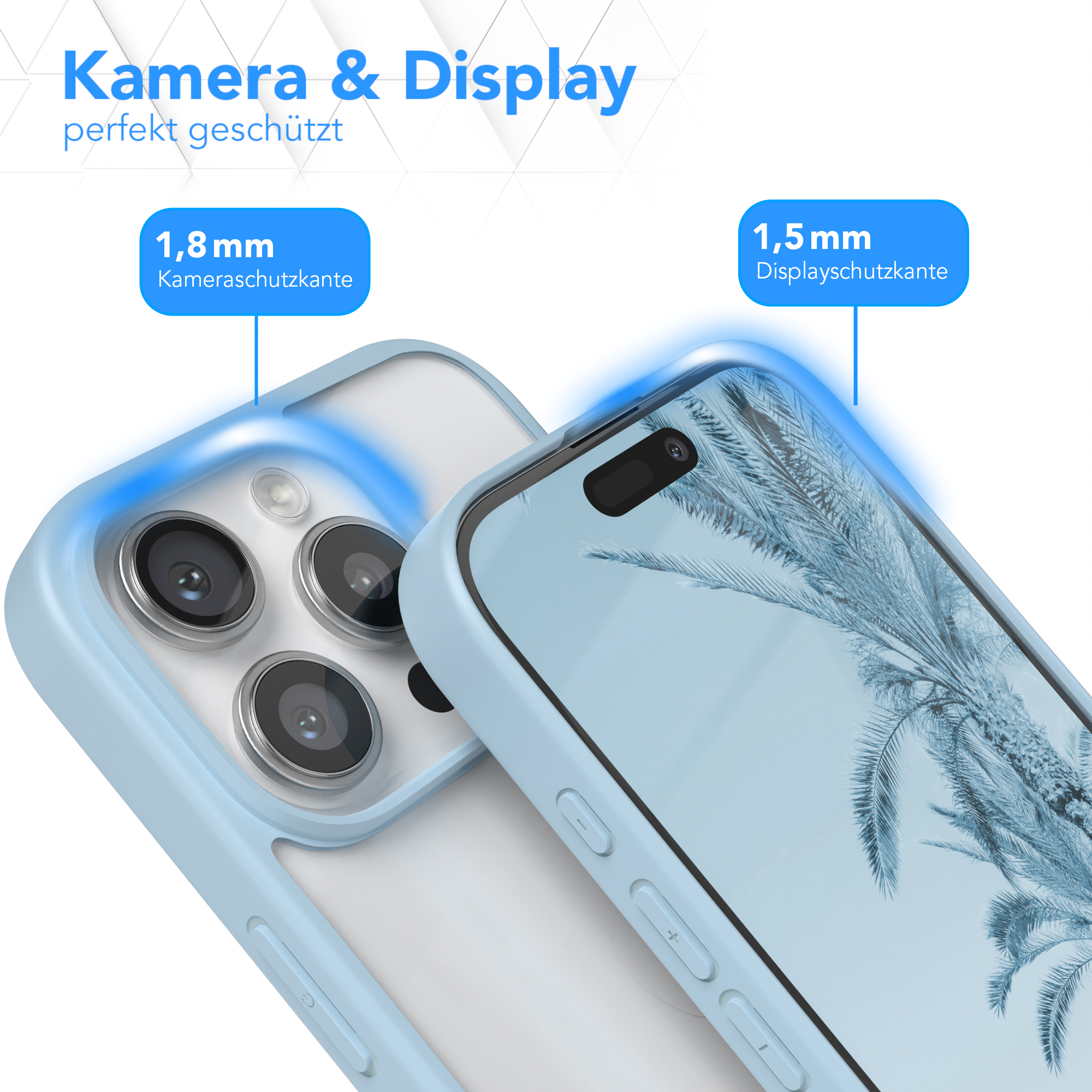 Nahaufnahme: Handyhülle schützt Kamera und Display, mit blauen Akzenten und Maßen.