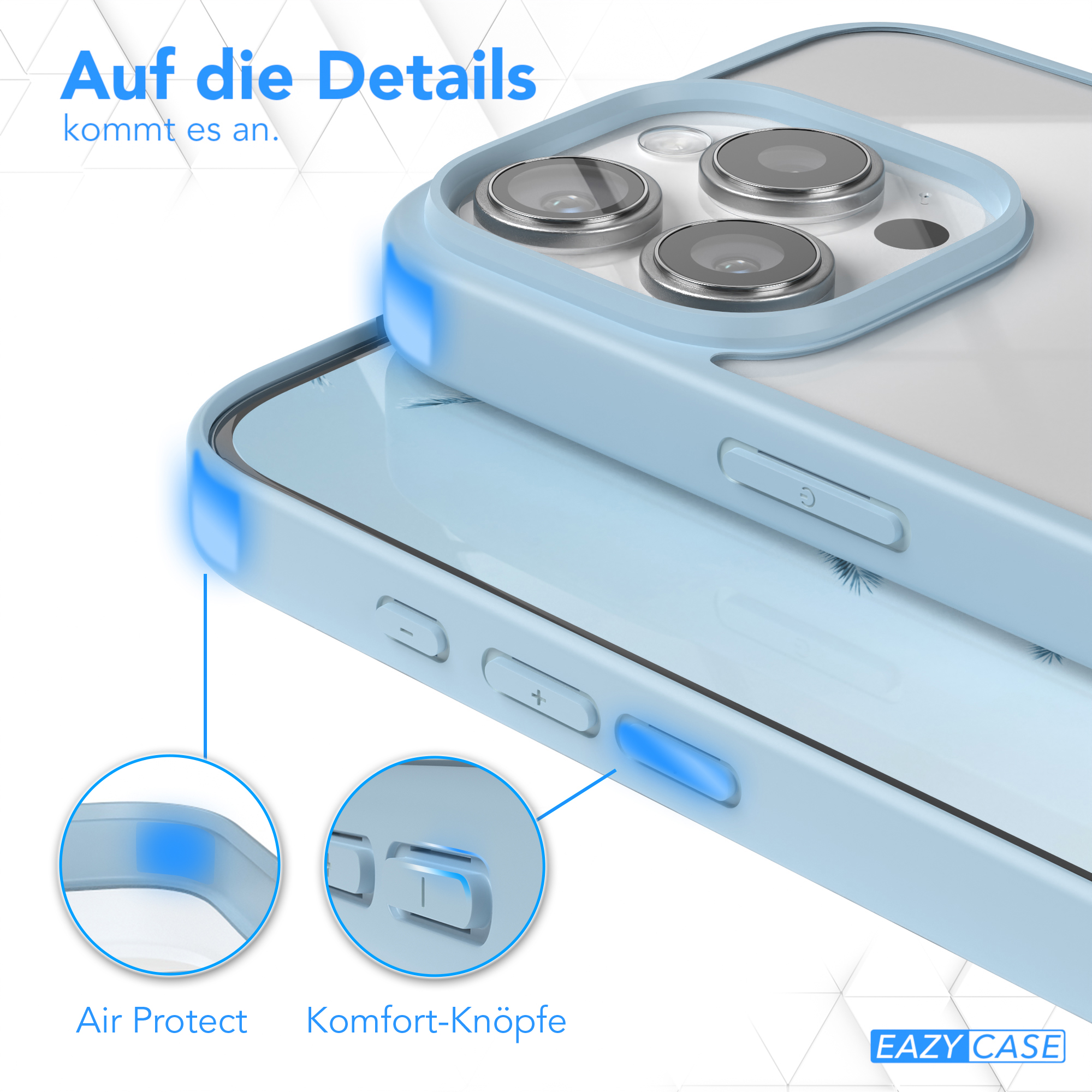 Hellblaue Handyhülle mit Details von Knöpfen und Kamera, einschließlich Nahaufnahmen.