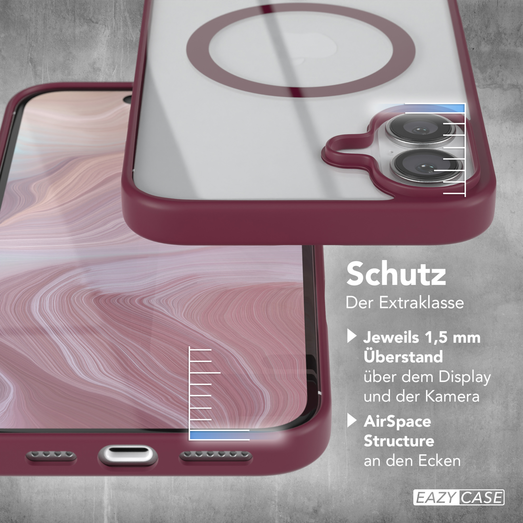 Eine dunkelrote Handyhülle wird gezeigt. Das Telefon ist sichtbar. Die Hülle zeigt Schutzfunktionen an den Ecken.