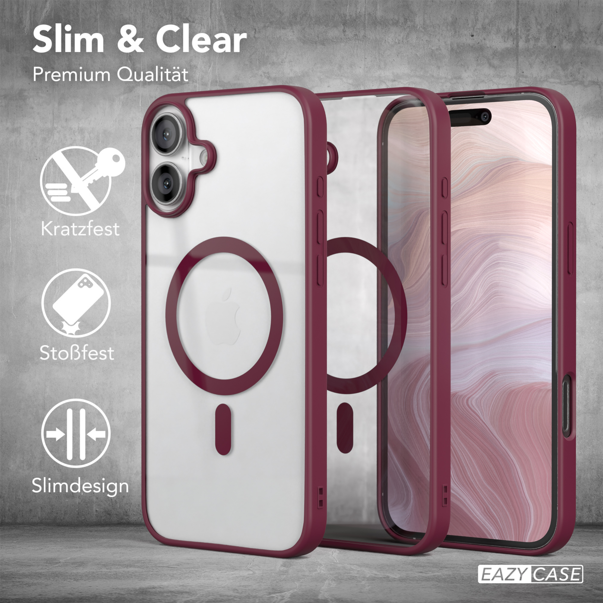Handyhülle und Telefon mit roten Akzenten und Text: Slim & Clear.
