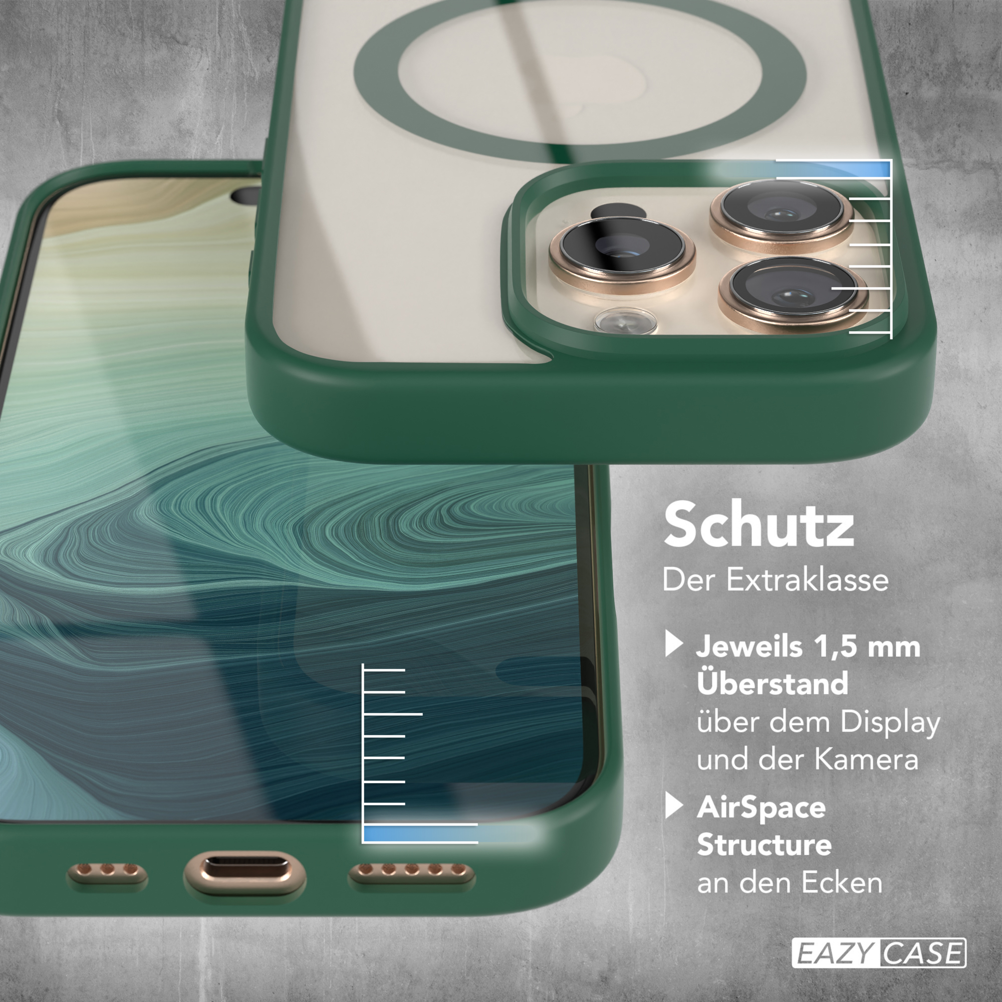 Grüne Handyhülle mit Kameraschutzdetails und Messungen.