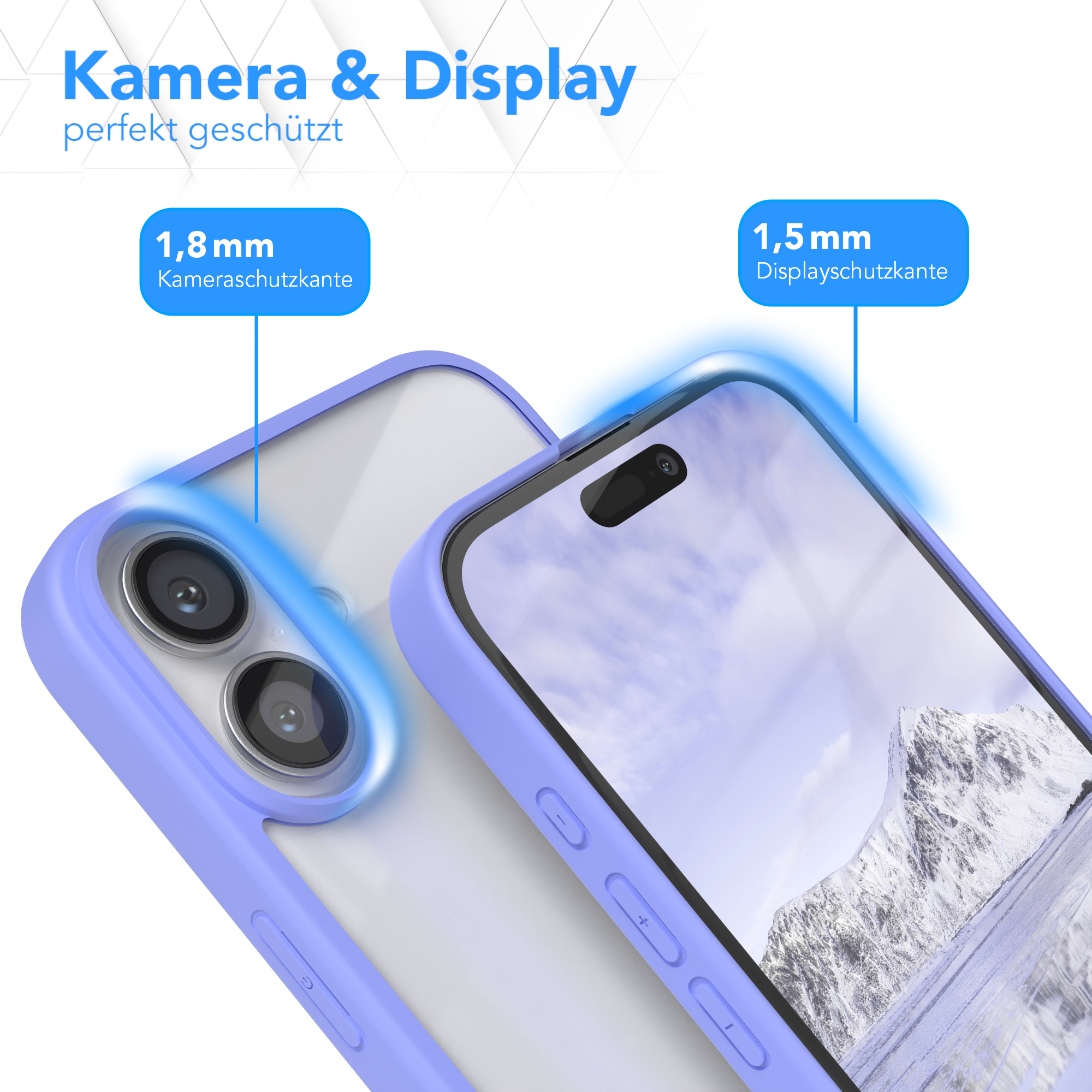 Zwei Telefone, eines mit blauem Rand und das andere mit einer Berglandschaft auf dem Bildschirm.