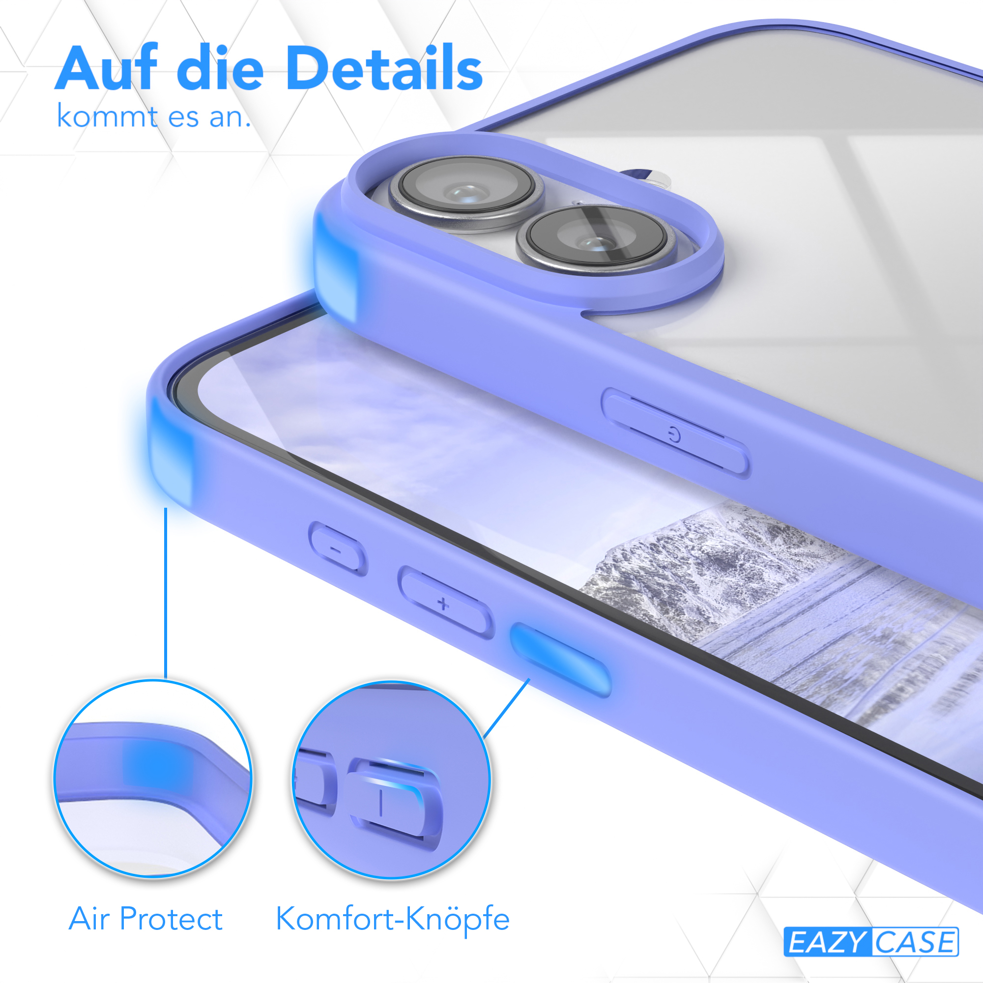 Nahaufnahme einer Handyhülle. Zeigt Air Protect und Komfortknöpfe.