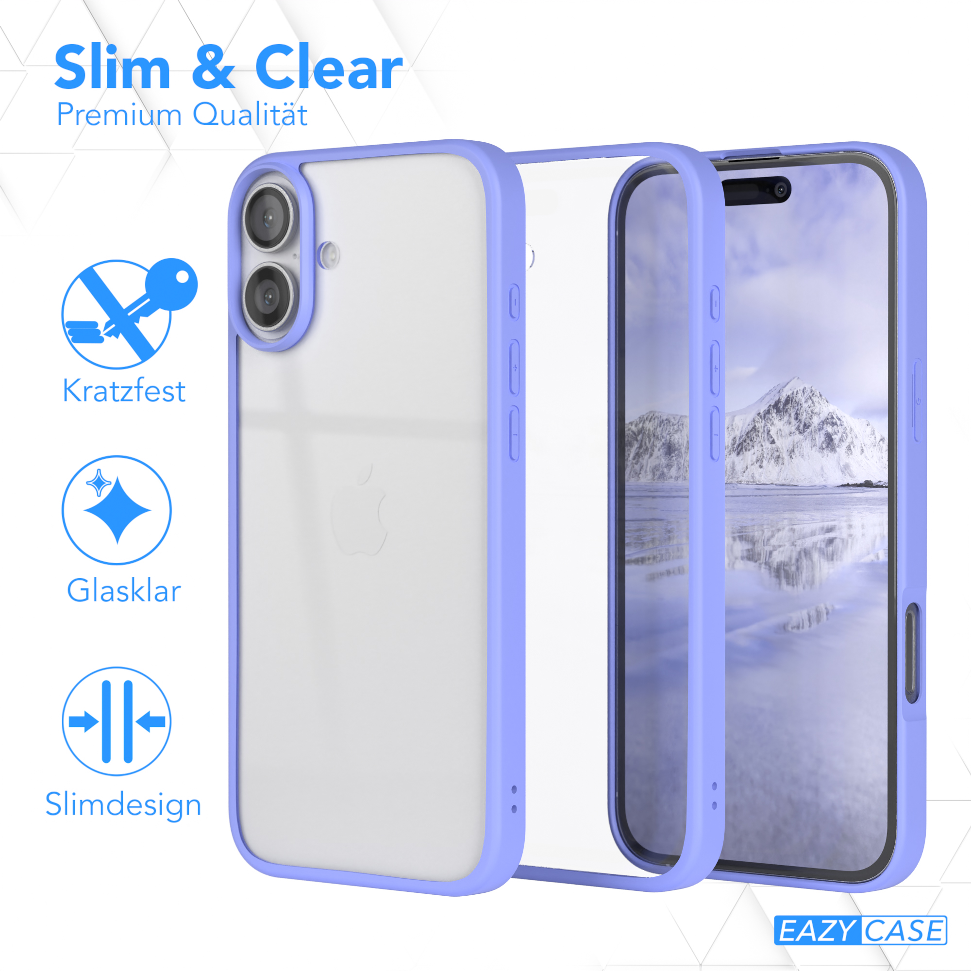 Drei Handyhüllen in einer Reihe, eine durchsichtig, zwei mit blauen Rändern. Das Design zeigt die Eigenschaften.