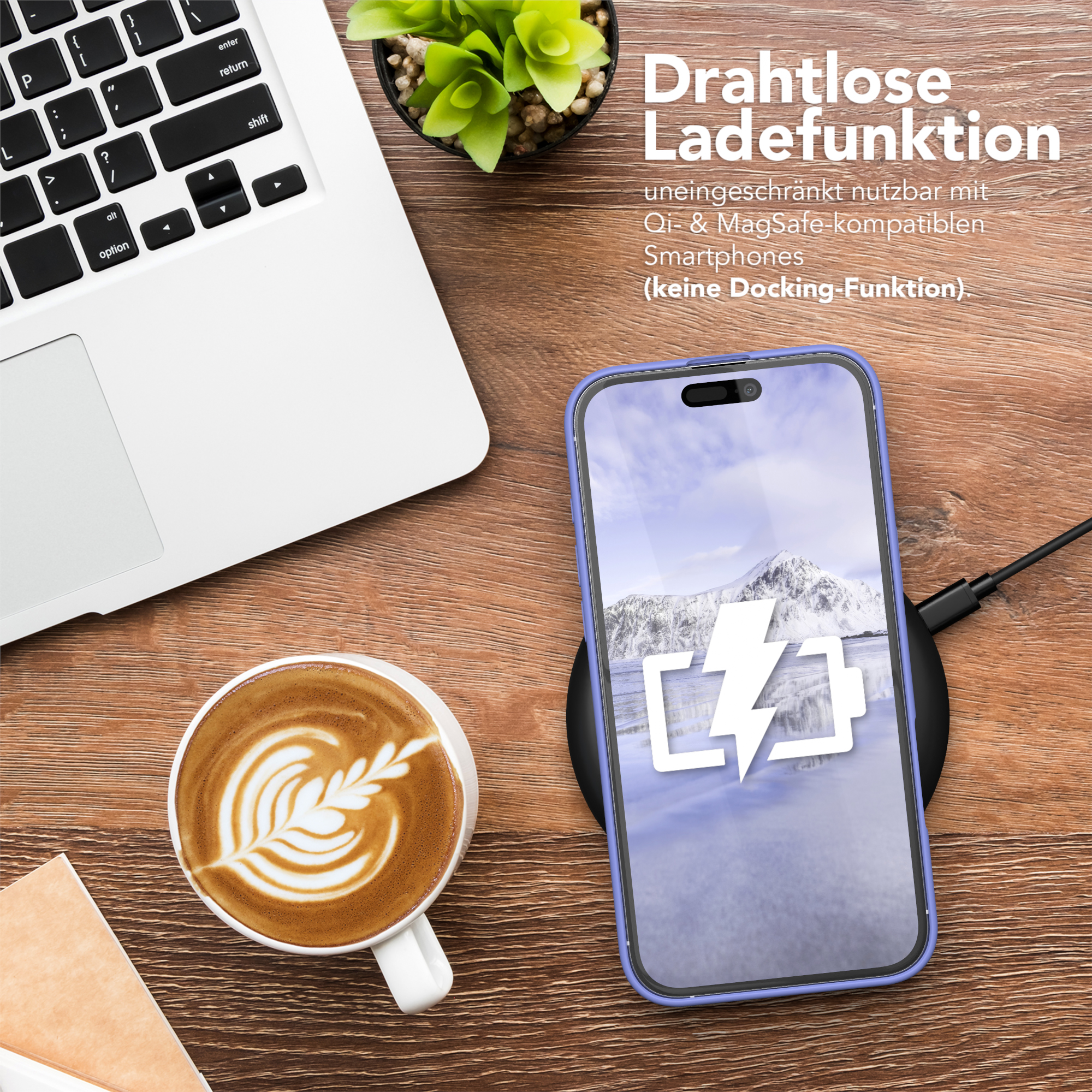 Telefon auf Ladepad mit Kaffee, Pflanze und Laptop auf Holztisch. Text: 'EAZY CASE'.