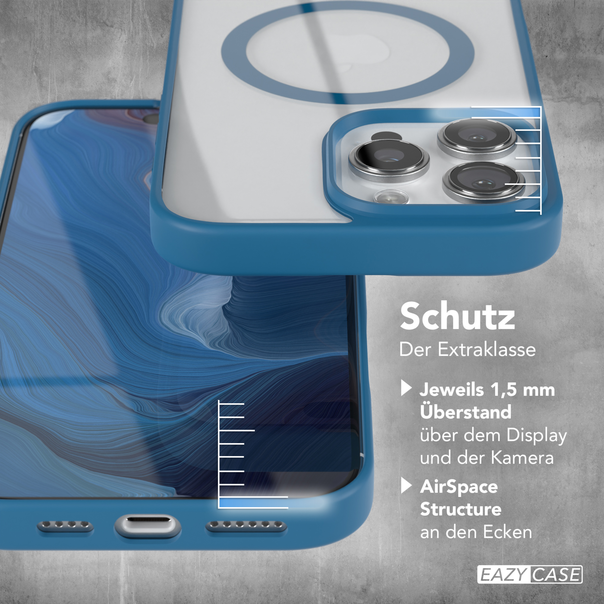 Handyhülle mit blauem Stoßfänger, zeigt Bildschirm und Kamera, mit Schutzdetails.