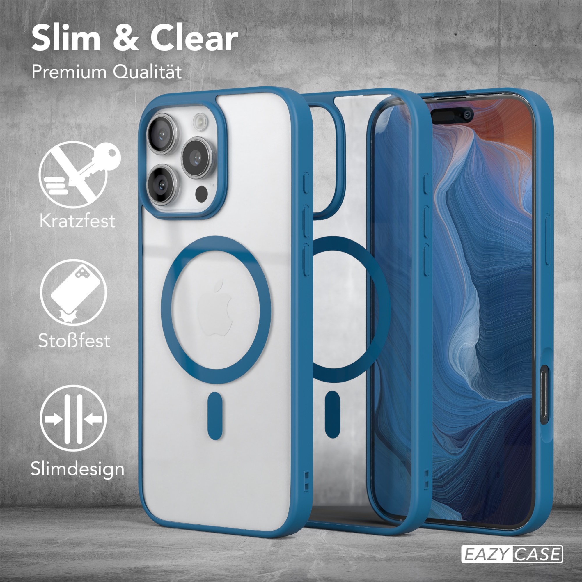 Drei Handyhüllen mit blauem Rand und weißer Rückseite. Der Text lautet 'Slim & Clear' und 'Eazy Case'.