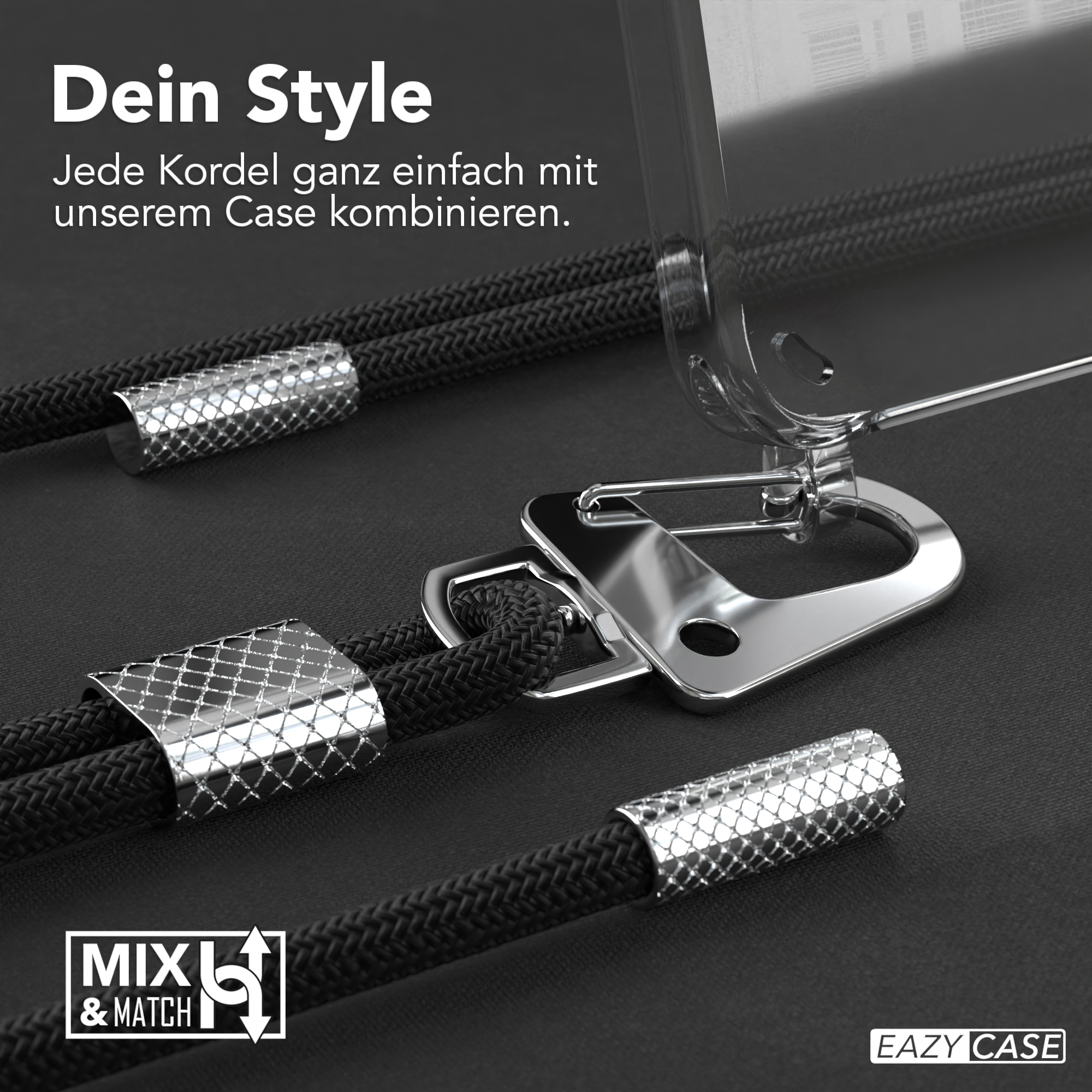 Nahaufnahme von Handykordeln und -hülle. Schwarze Kordeln mit silbernen Steckern. Transparente Handyhülle.