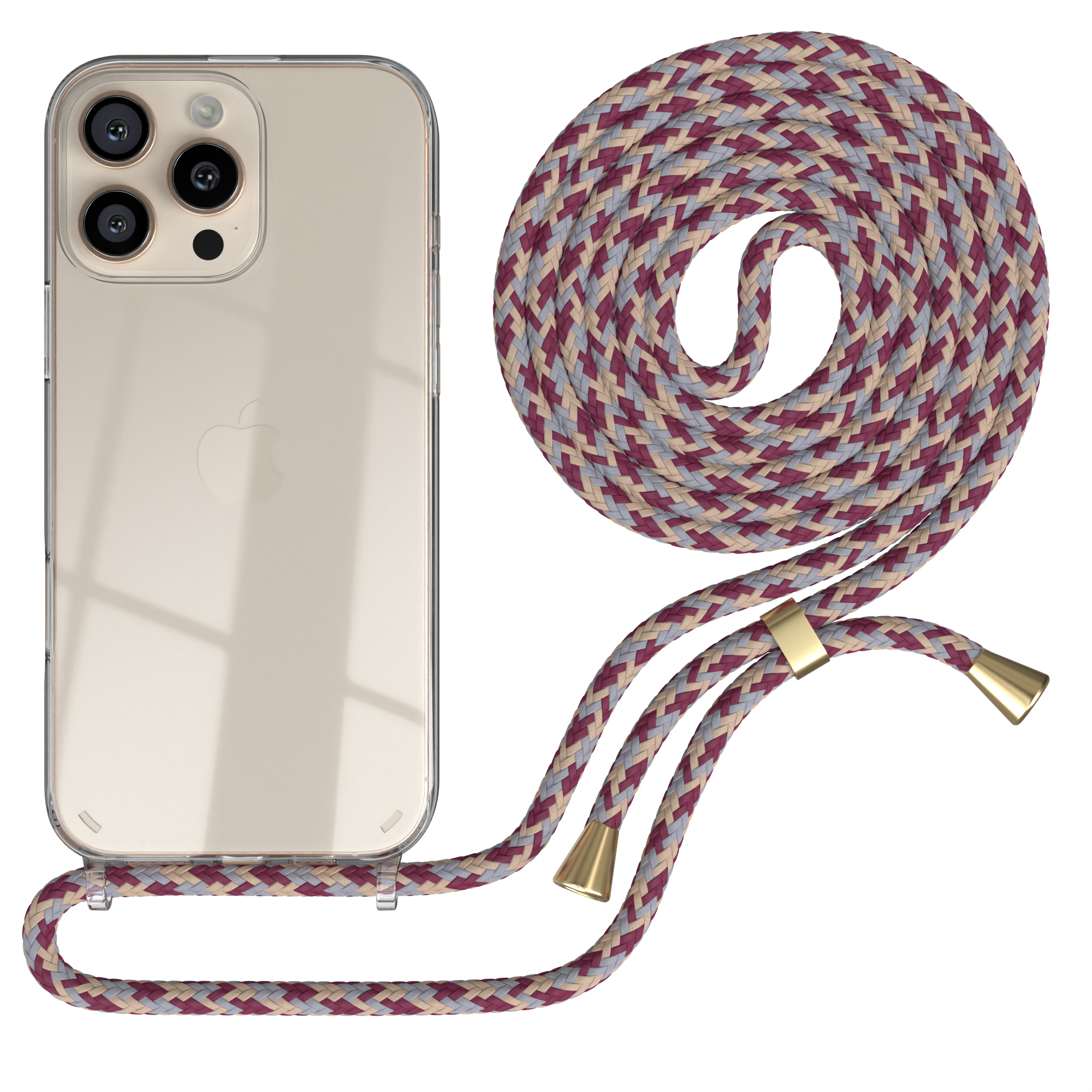Transparente Handyhülle mit mehrfarbigem Seilriemen. Telefon ist klar, zeigt Apple-Logo.