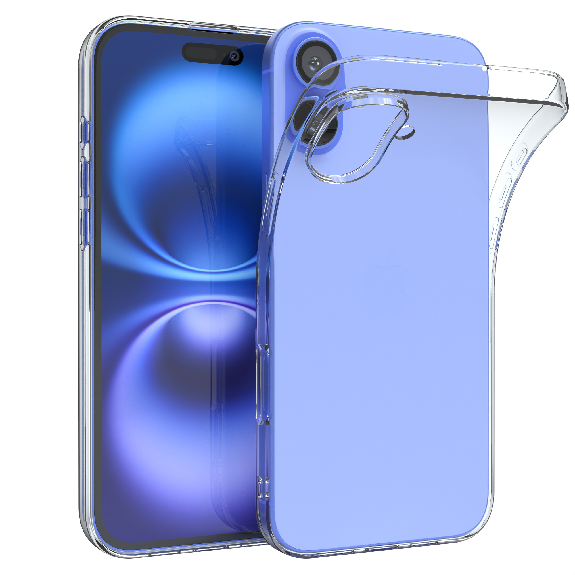 Telefon mit blauem Bildschirm und klarer Hülle. Die Hülle befindet sich auf der rechten Seite. Weißer Hintergrund.
