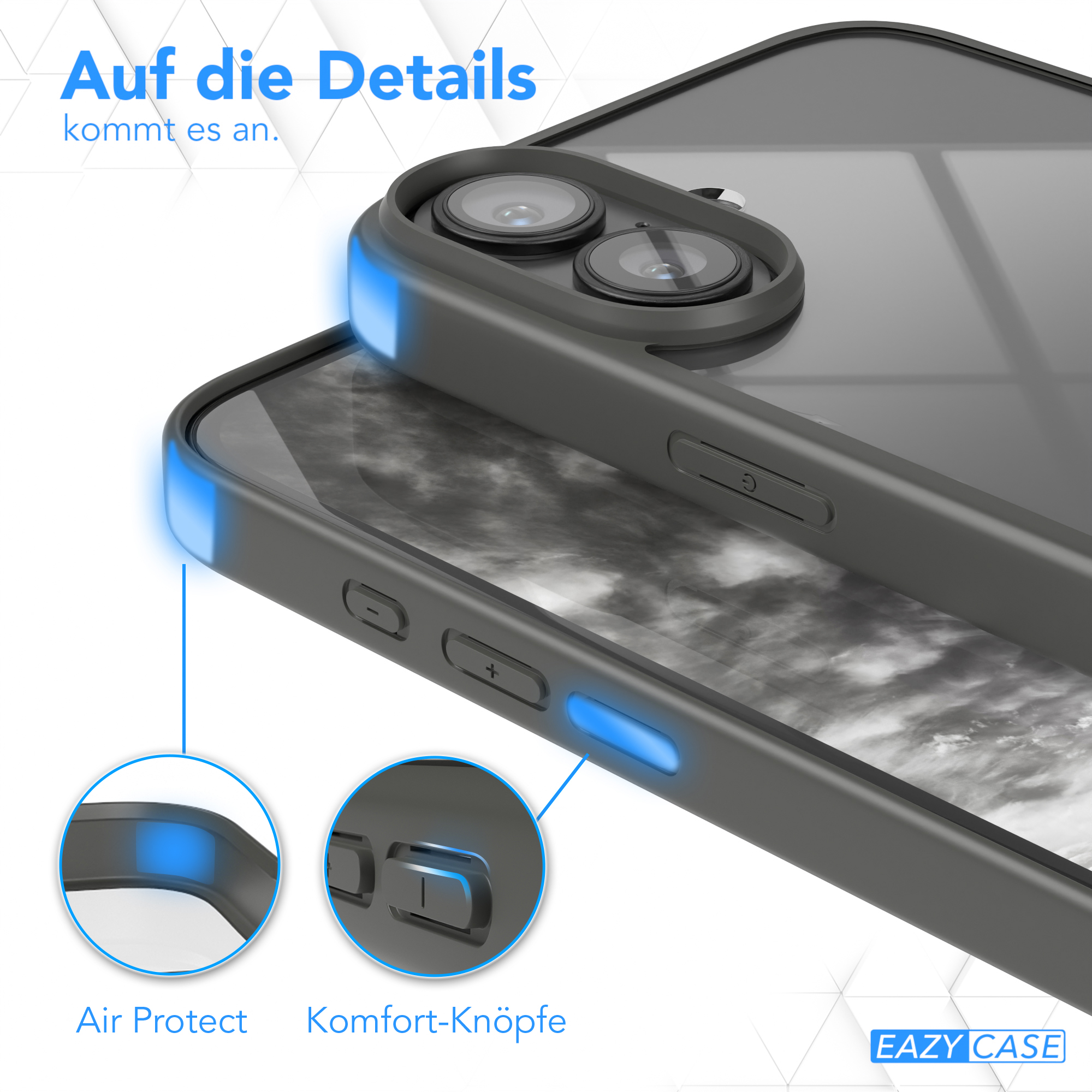 Nahaufnahme einer Handyhülle mit hervorgehobenen Knöpfen, Luftschutz wird gezeigt.