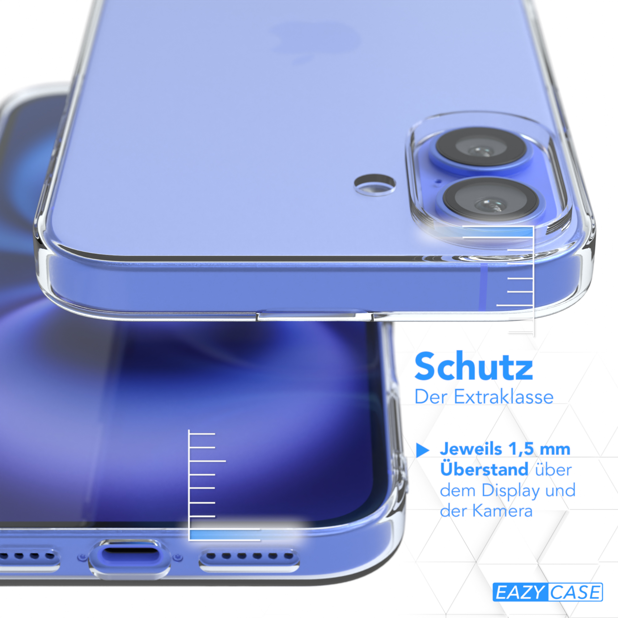 Eine blaue Handyhülle mit transparenter Hülle und dunklem Muster innen.