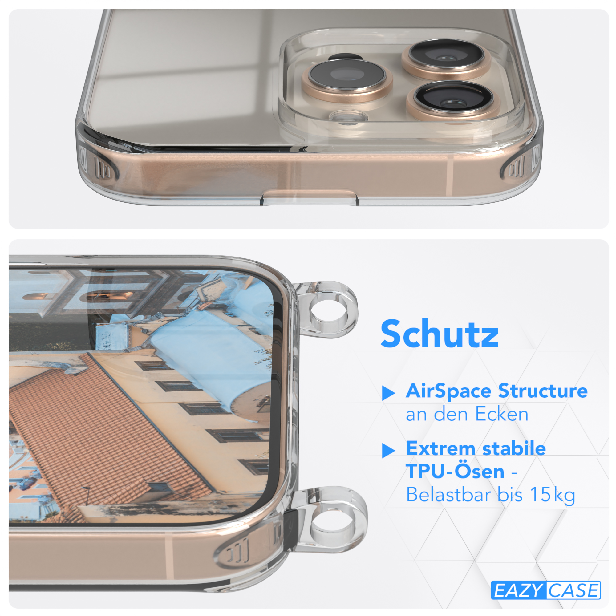 Transparente Handyhülle mit goldenem Rahmen über einem Handy mit Gebäude. Text: Schutz, Eazy Case.