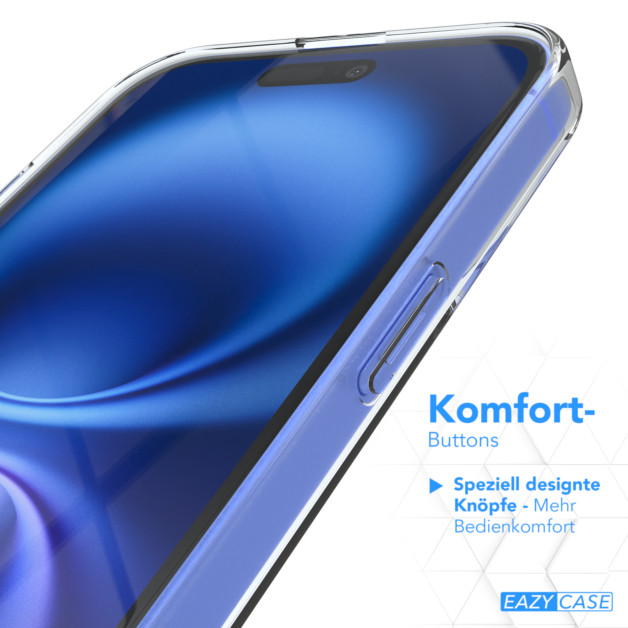 Eine Handyhülle mit blauen Knöpfen, Nahaufnahme. Text: Komfort-Buttons. Speziell designte Knöpfe - Mehr Bedienkomfort.