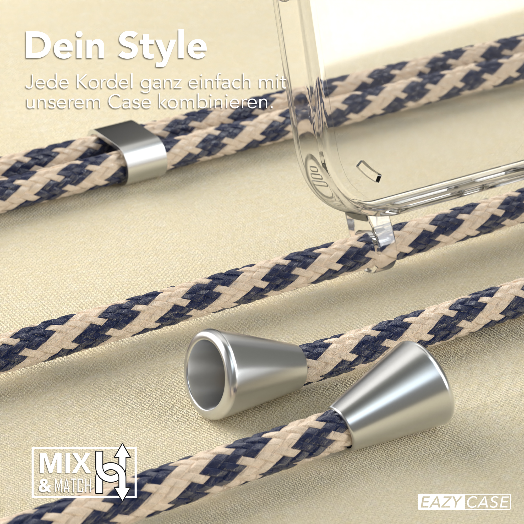 Nahaufnahme von Handyhüllen-Kabeln mit Metalldetails. Text: Mix & Match. Hülle mit blau-weißem Kabel.
