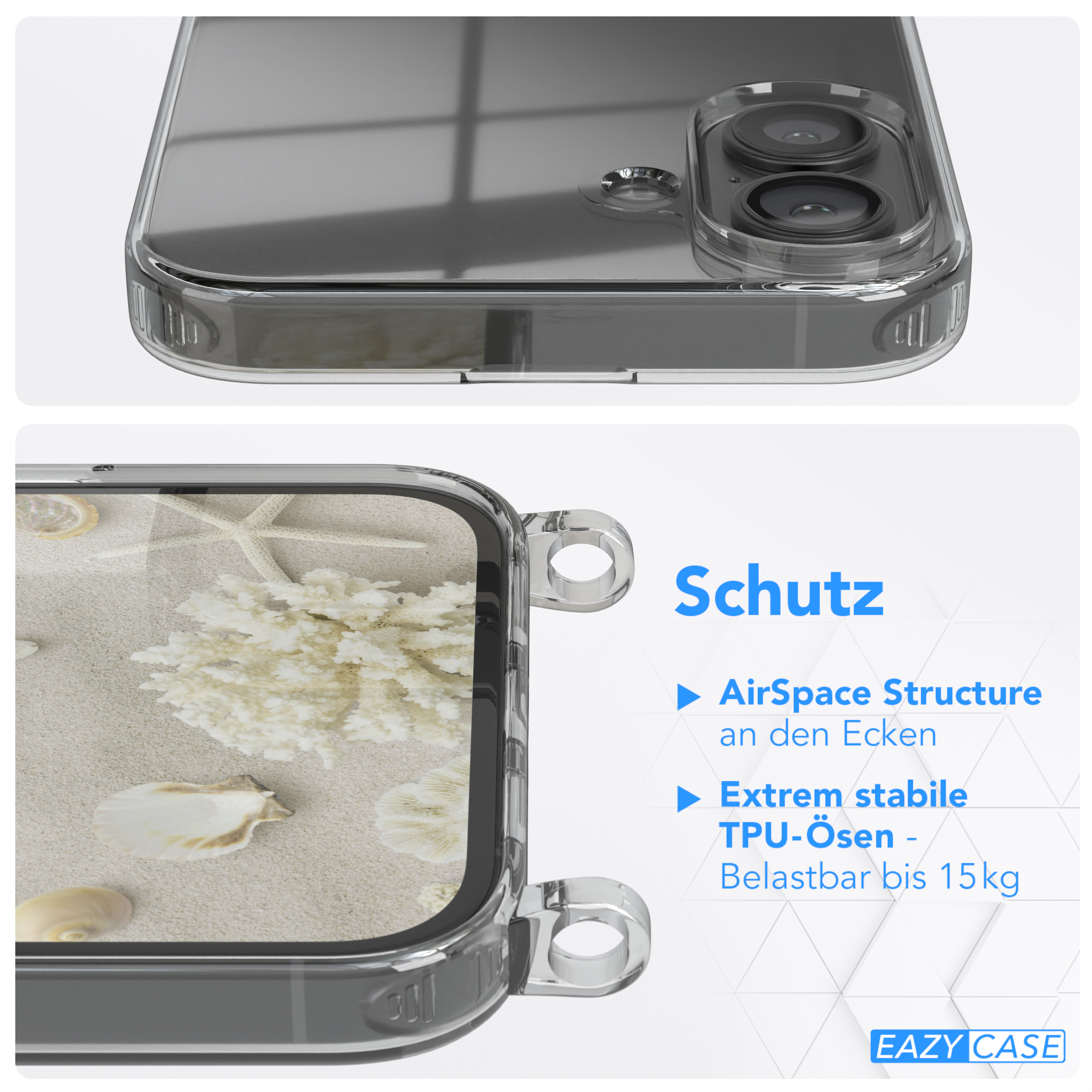 Transparente Handyhülle mit Strandmotiv. Es zeigt eine Muschel und einen Seestern.