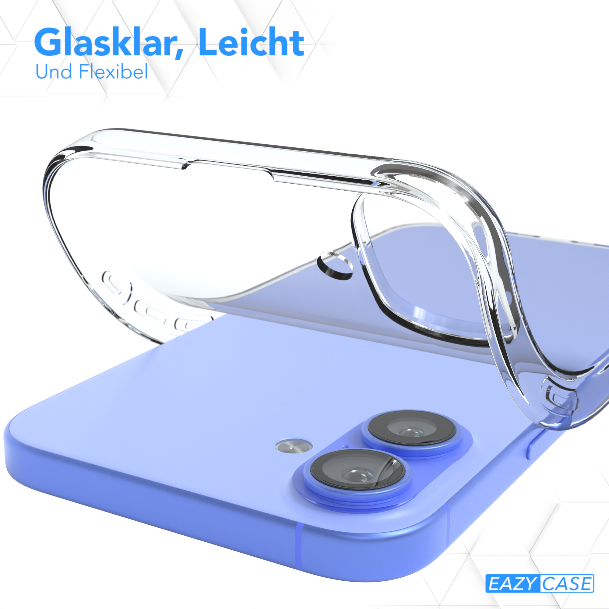 Eine transparente Handyhülle auf einem blauen Handy. Text sagt 'Glaslar, Leicht Und Flexibel'.