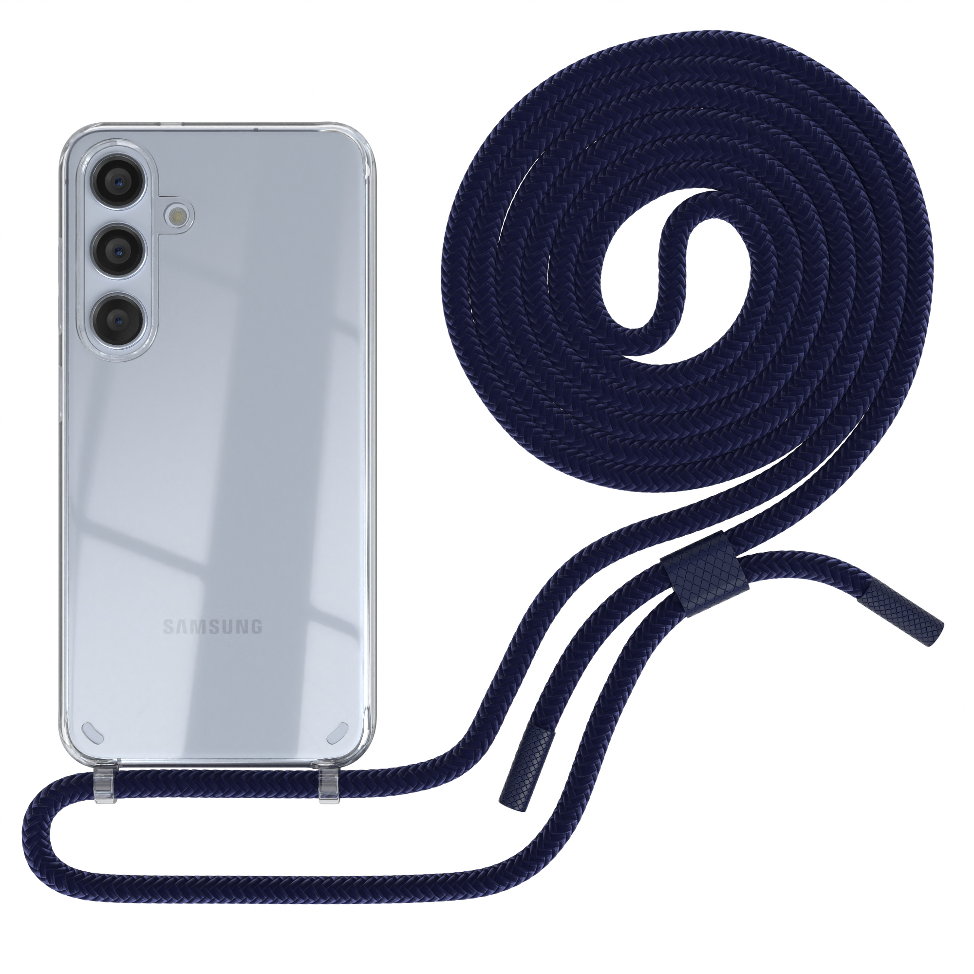 Ein Telefon in einer transparenten Hülle mit einem marineblauen Seil. Das Seil ist oben aufgerollt und hat Akzente.