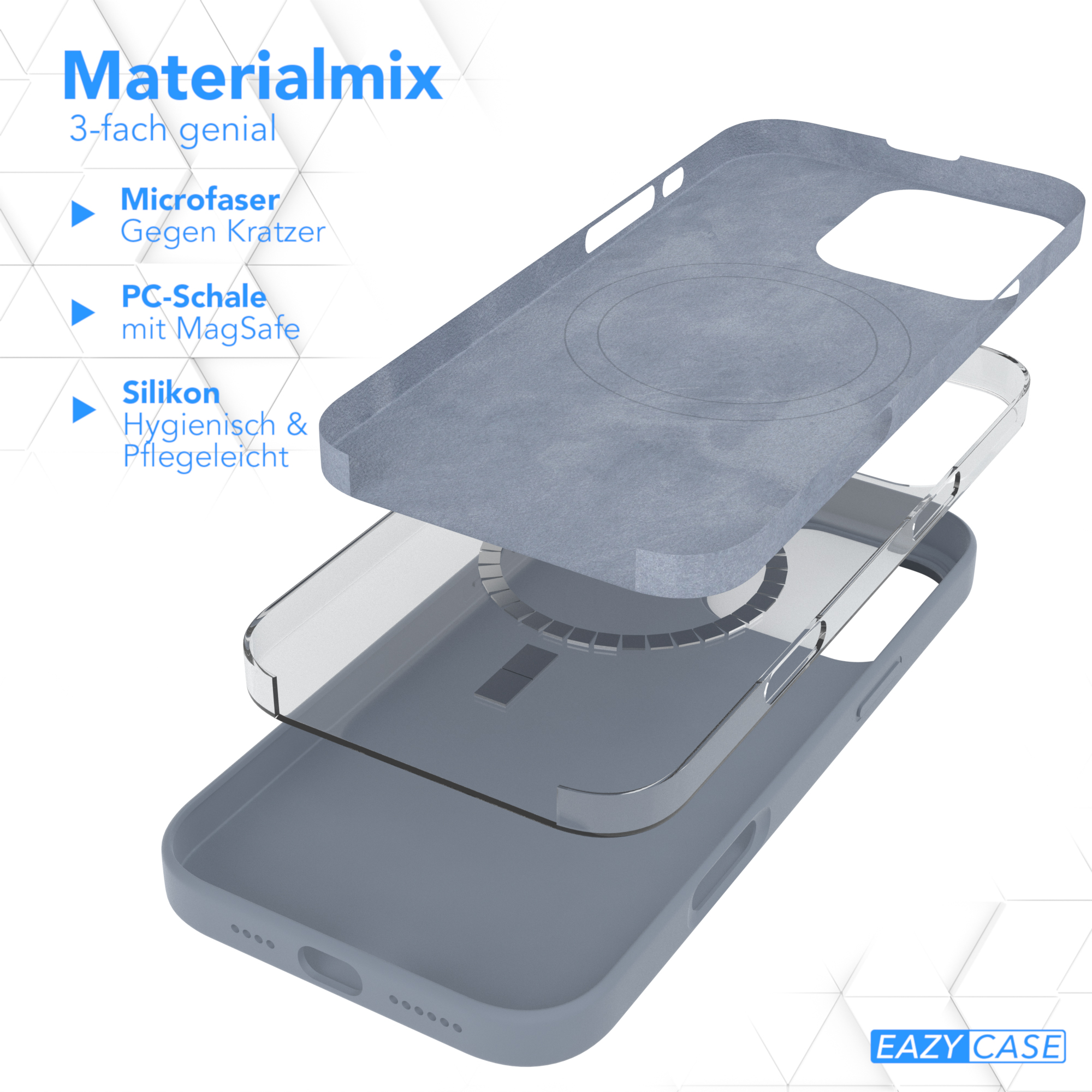 Zerlegte Handyhülle mit Schichten: Mikrofaser, PC-Schale mit MagSafe und Silikon.