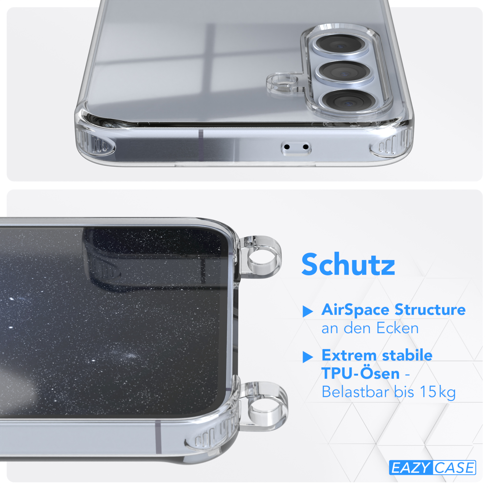Transparente Handyhülle mit Telefon und Details.